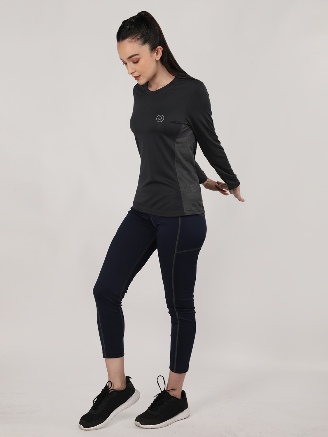 Image of CHKOKKO Women Solid Round Neck Polyester Grey T-Shirt