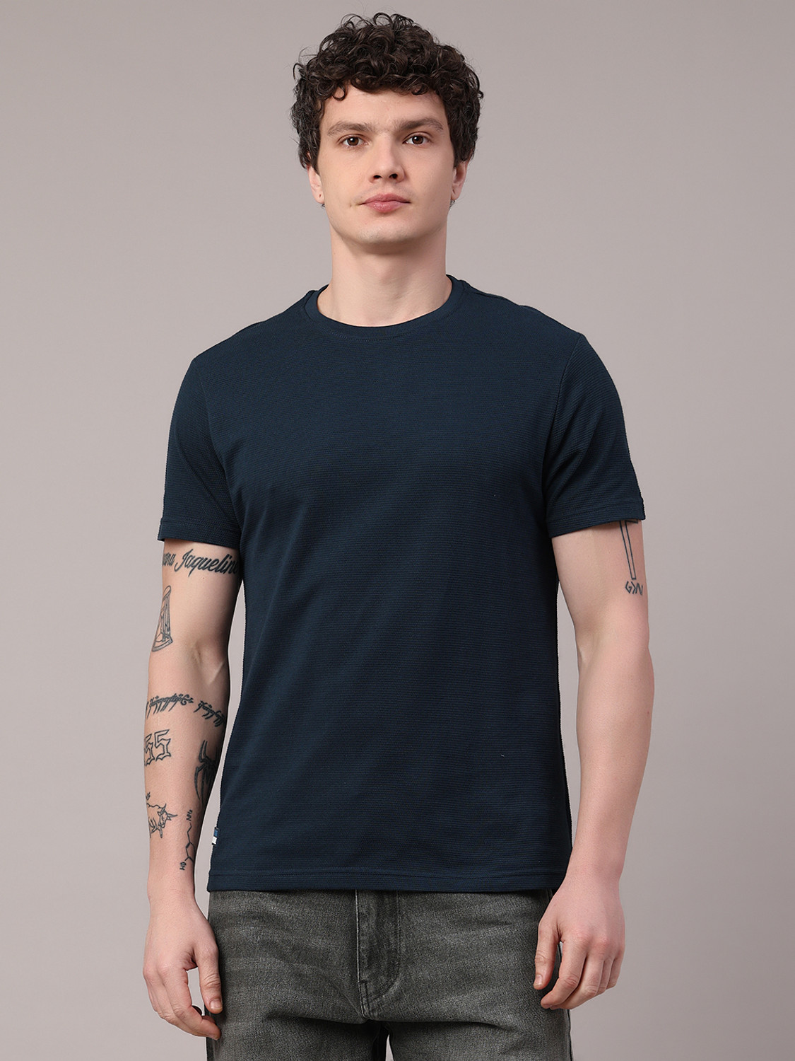 Image of V-MART Men Solid Round Neck Cotton Blend Blue T-Shirt