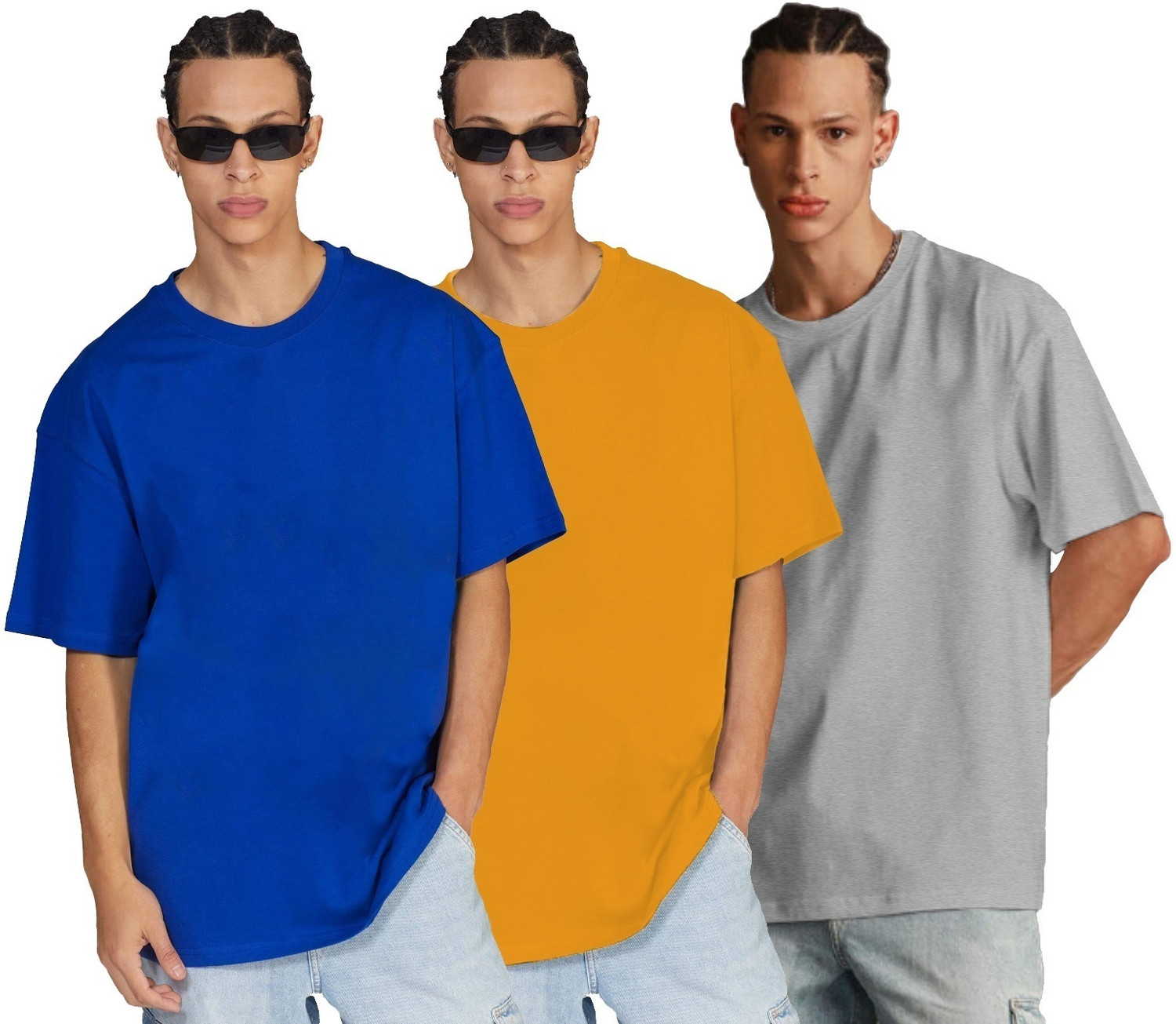 Image of Veirdo Pack of 3 Oversized Men Solid Round Neck Pure Cotton Multicolor T-Shirt