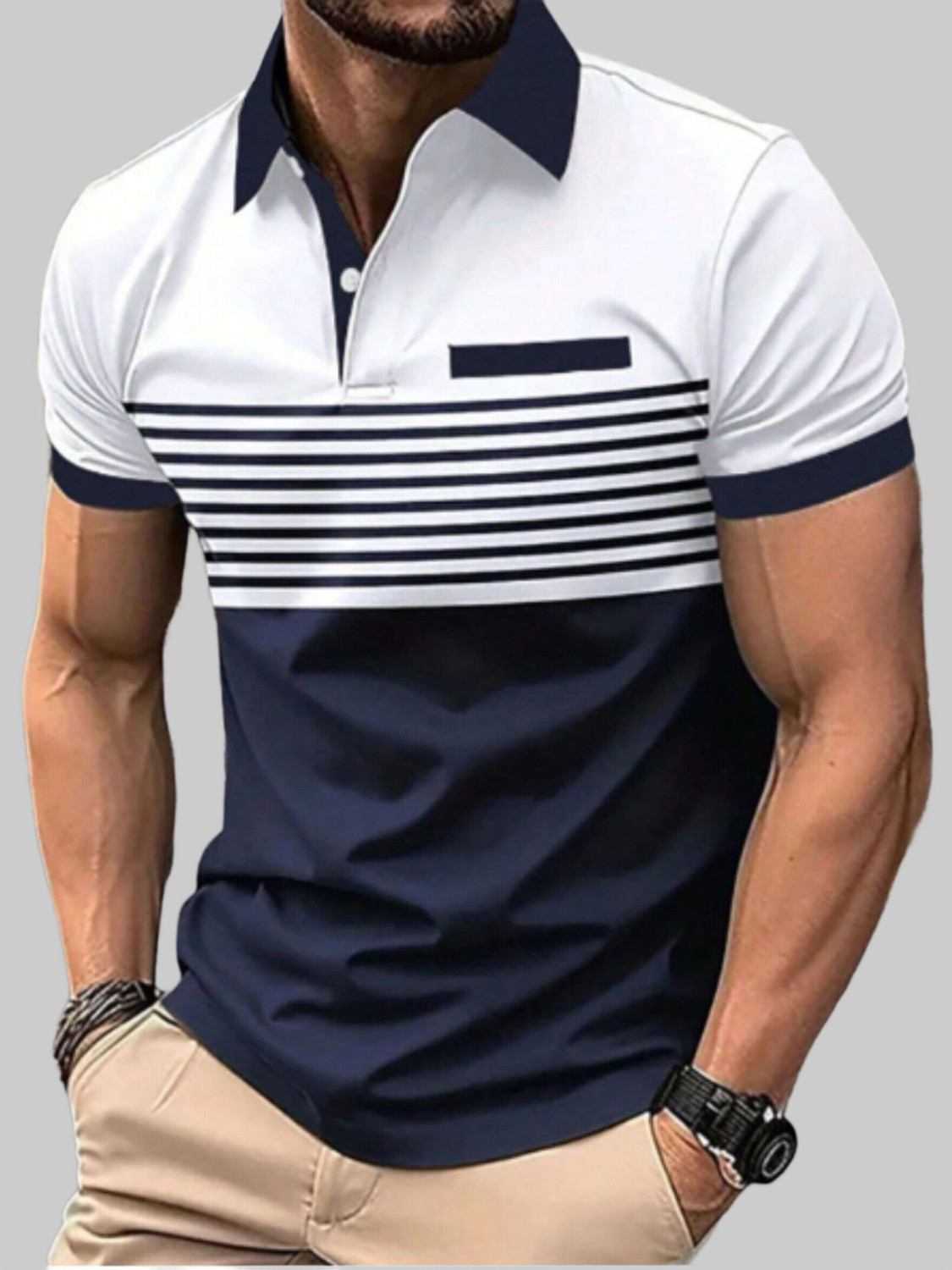 Image of TAZO Men Printed Polo Neck Cotton Blend Blue, White T-Shirt