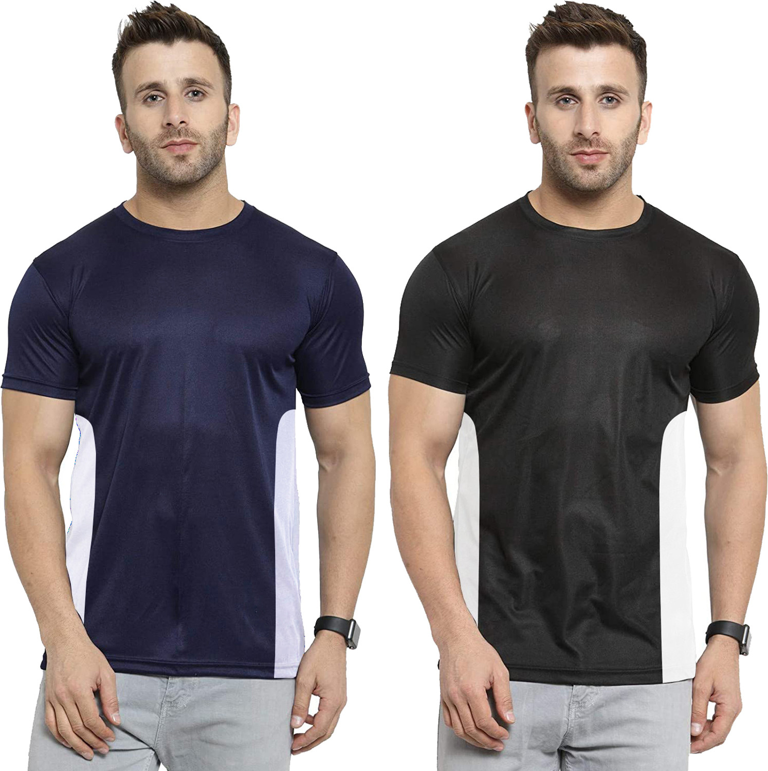 Image of UDI n ADI Solid Men Round Neck Navy Blue, Black T-Shirt