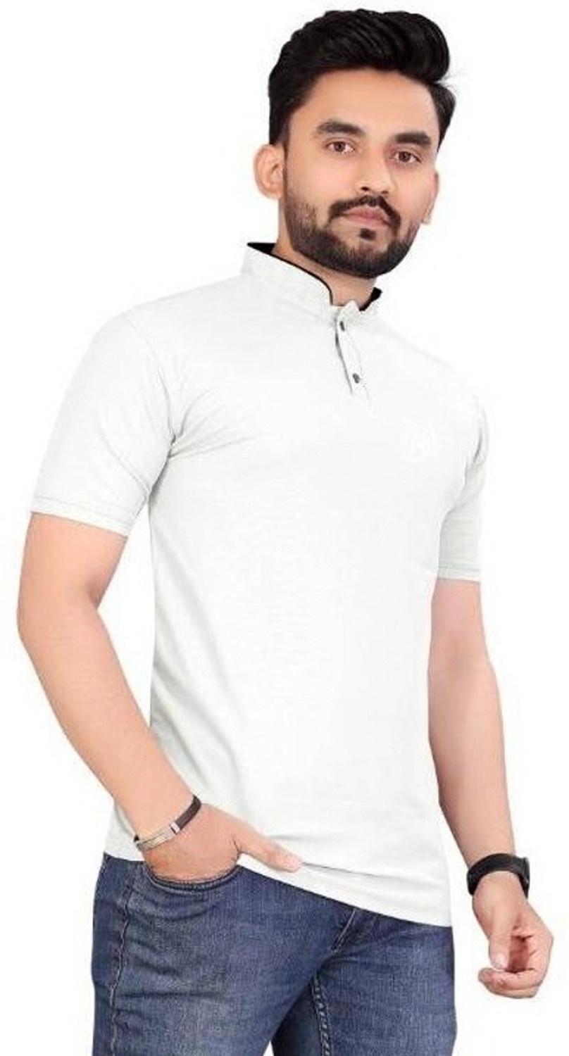 Image of TRIPR Men Solid Mandarin Collar Cotton Blend White T-Shirt