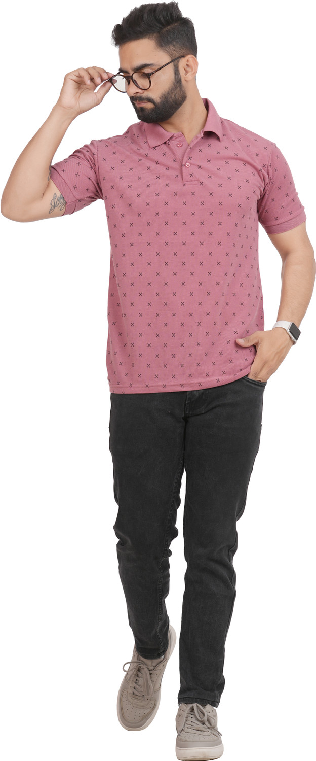 Image of GREENPORT Graphic Print, Printed Men Polo Neck Pink T-Shirt
