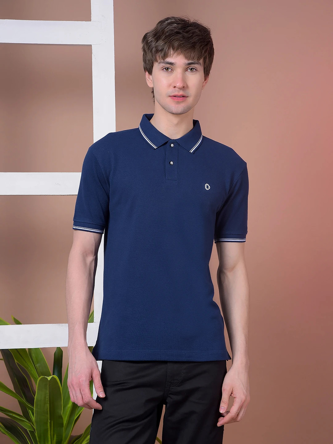 Men Solid Polo Neck Pure Cotton Navy Blue T-Shirt