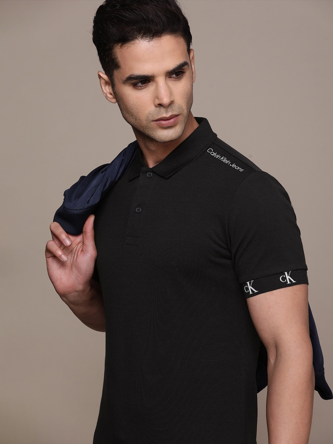 Calvin Klein Jeans Solid Men Polo Neck Black T Shirt Price History