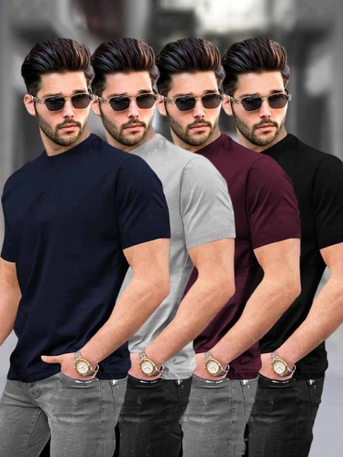Image of TRIPR Men Solid Mandarin Collar Cotton Blend Beige T-Shirt