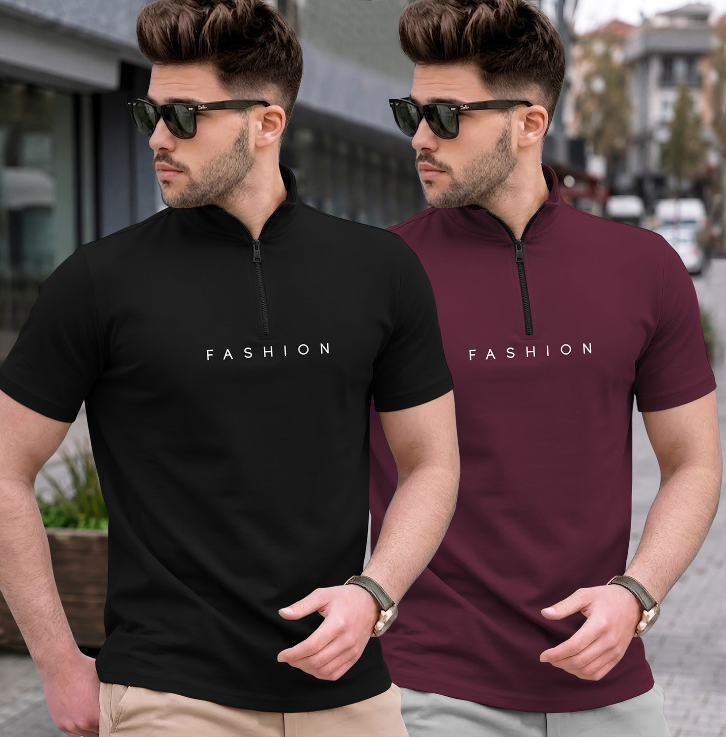 Image of TRIPR Men Solid Mandarin Collar Cotton Blend Navy Blue T-Shirt