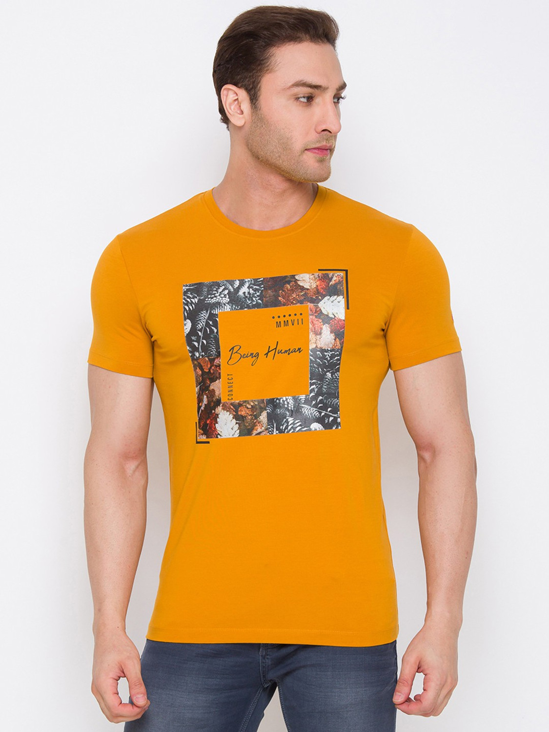 Image of BEING HUMAN Self Design Men Round Neck Brown T-Shirt