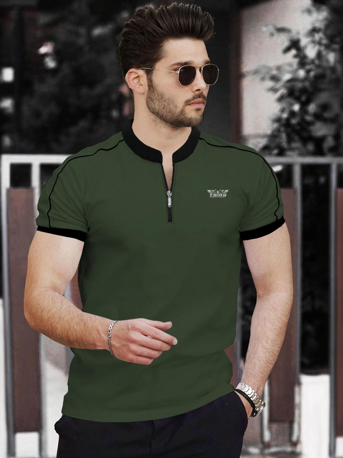Image of TRIPR Men Solid Henley Neck Cotton Blend Dark Green, Black T-Shirt