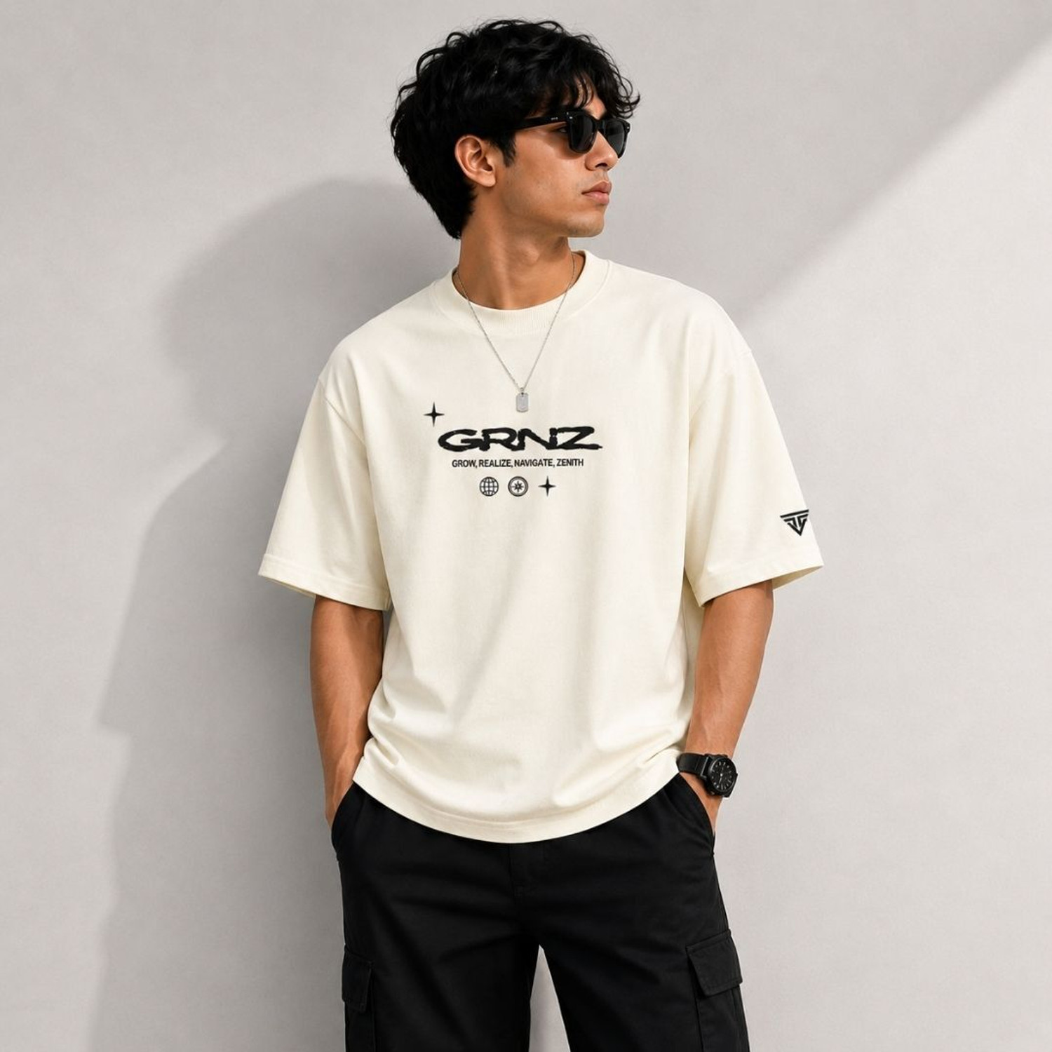 Image of Stitch Studio Men Printed Round Neck Pure Cotton Beige T-Shirt