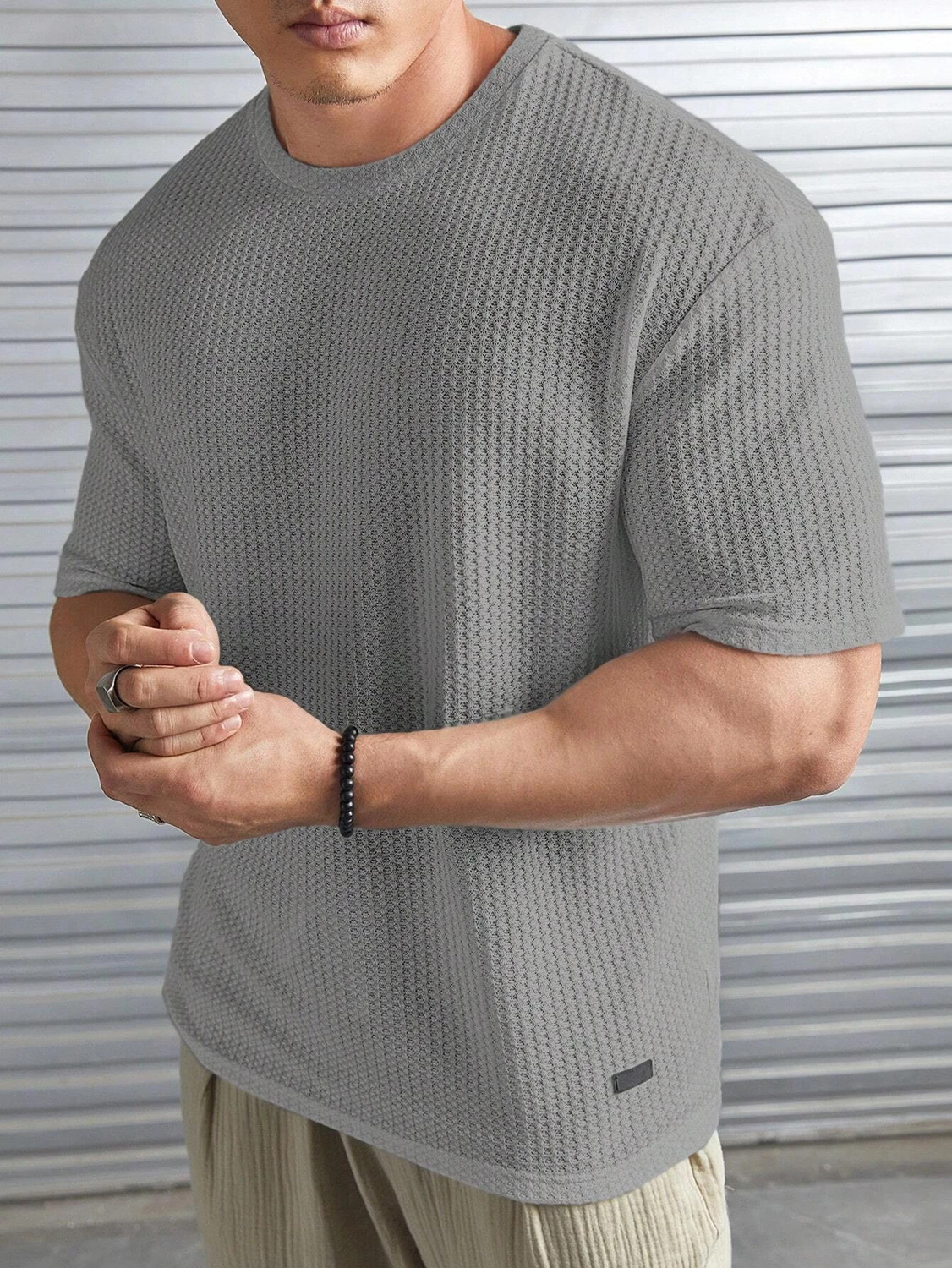 Image of BOOM BAAM Men Self Design Round Neck Polycotton Grey T-Shirt