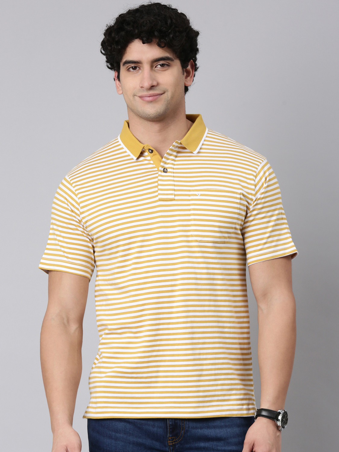 Image of Classic Polo Men Solid Polo Neck Cotton Blend Yellow T-Shirt