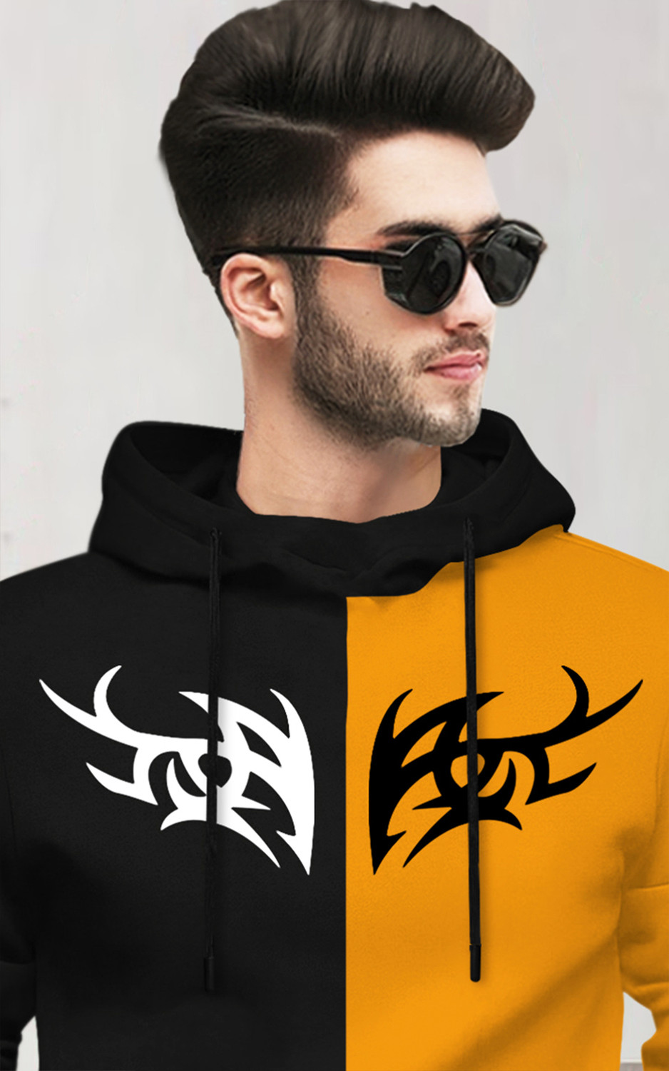 Image of BLIVE Men Printed Hooded Neck Cotton Blend Black, Yellow T-Shirt