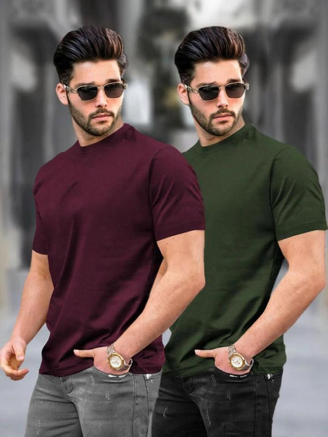 Image of TRIPR Men Solid Henley Neck Cotton Blend Dark Green, Black T-Shirt