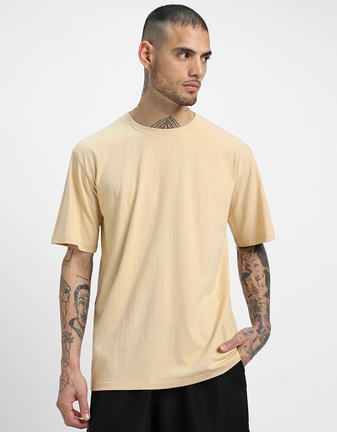Image of Veirdo Pack of 3 Oversized Men Solid Round Neck Pure Cotton Multicolor T-Shirt