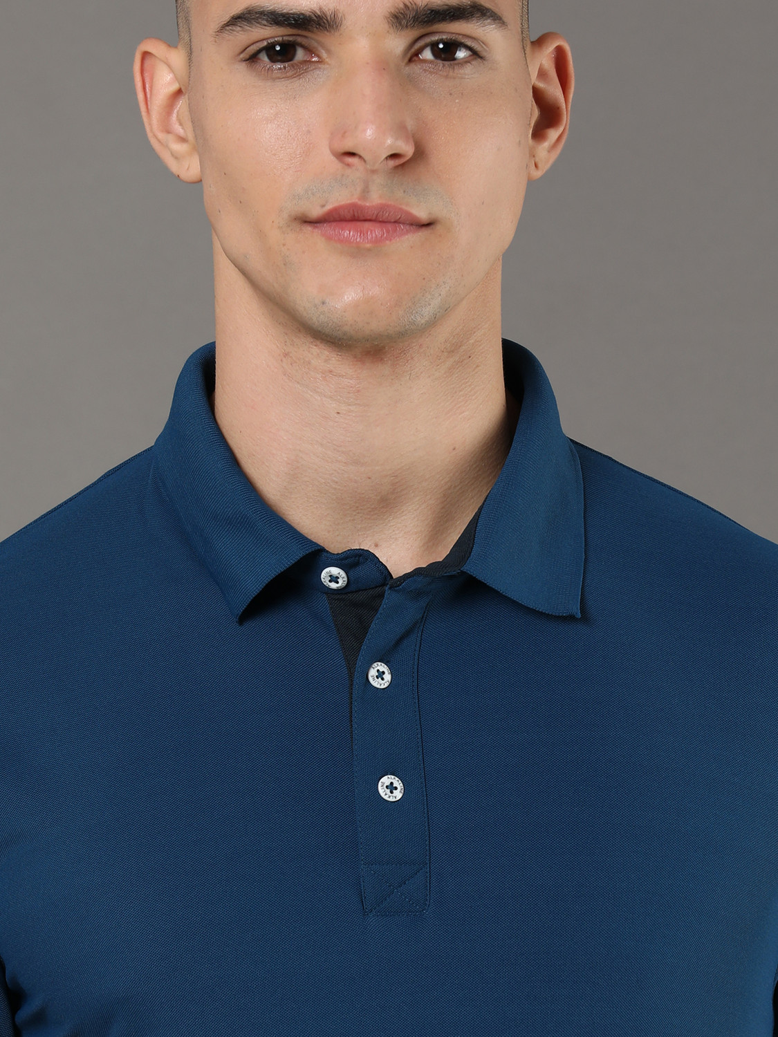 Image of Alkaline Men Solid Polo Neck Polyester Blue T-Shirt