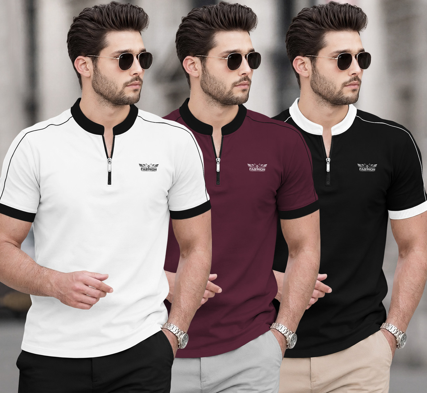 Image of TRIPR Men Solid Mandarin Collar Cotton Blend Beige T-Shirt