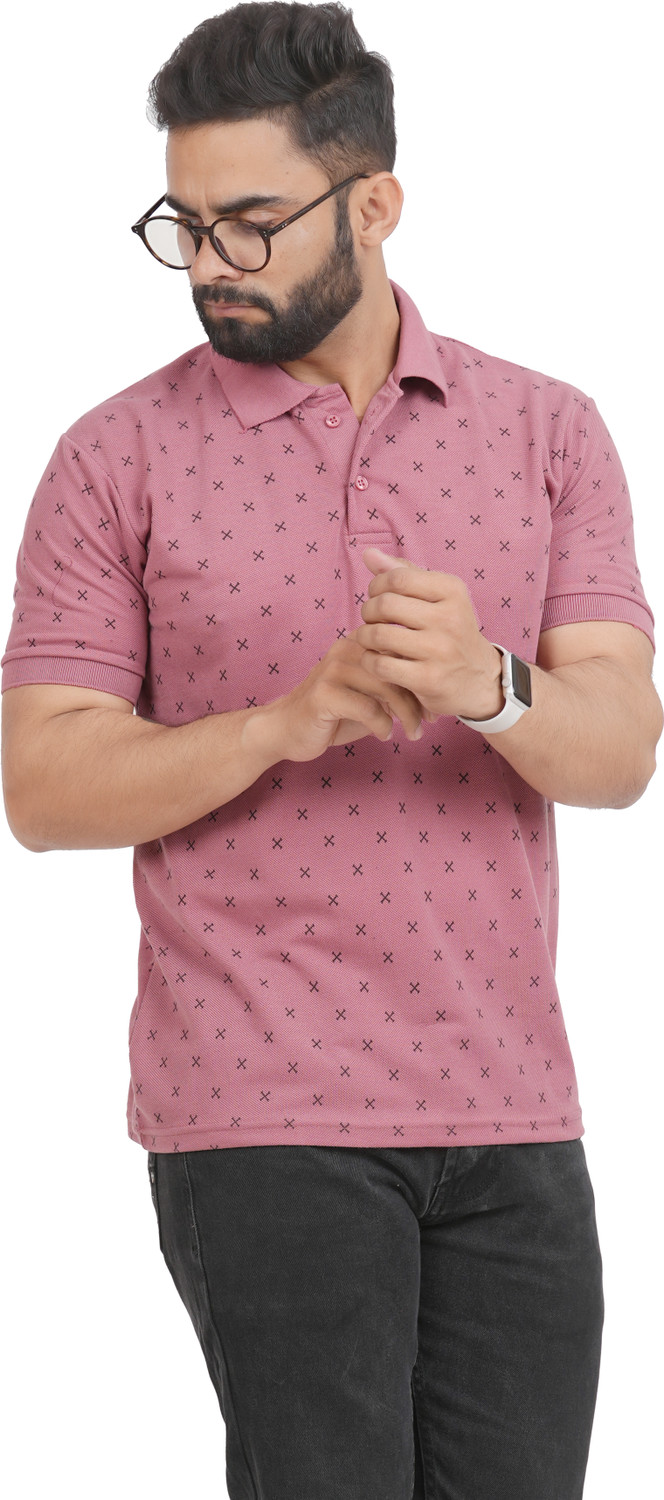 Image of GREENPORT Graphic Print, Printed Men Polo Neck Pink T-Shirt