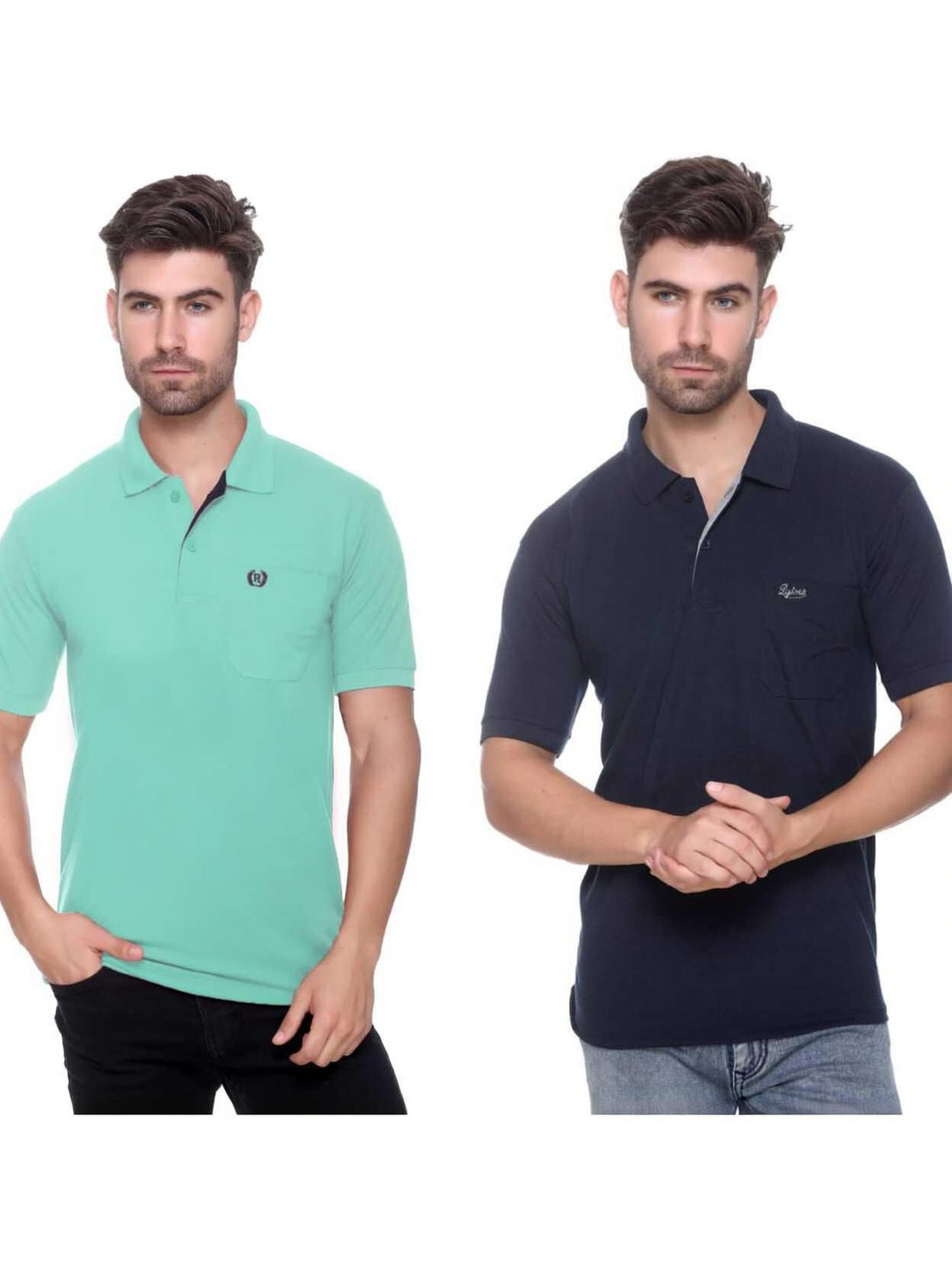 Image of balker merka Pack of 2 Men Solid Polo Neck Cotton Blend Green, Blue T-Shirt