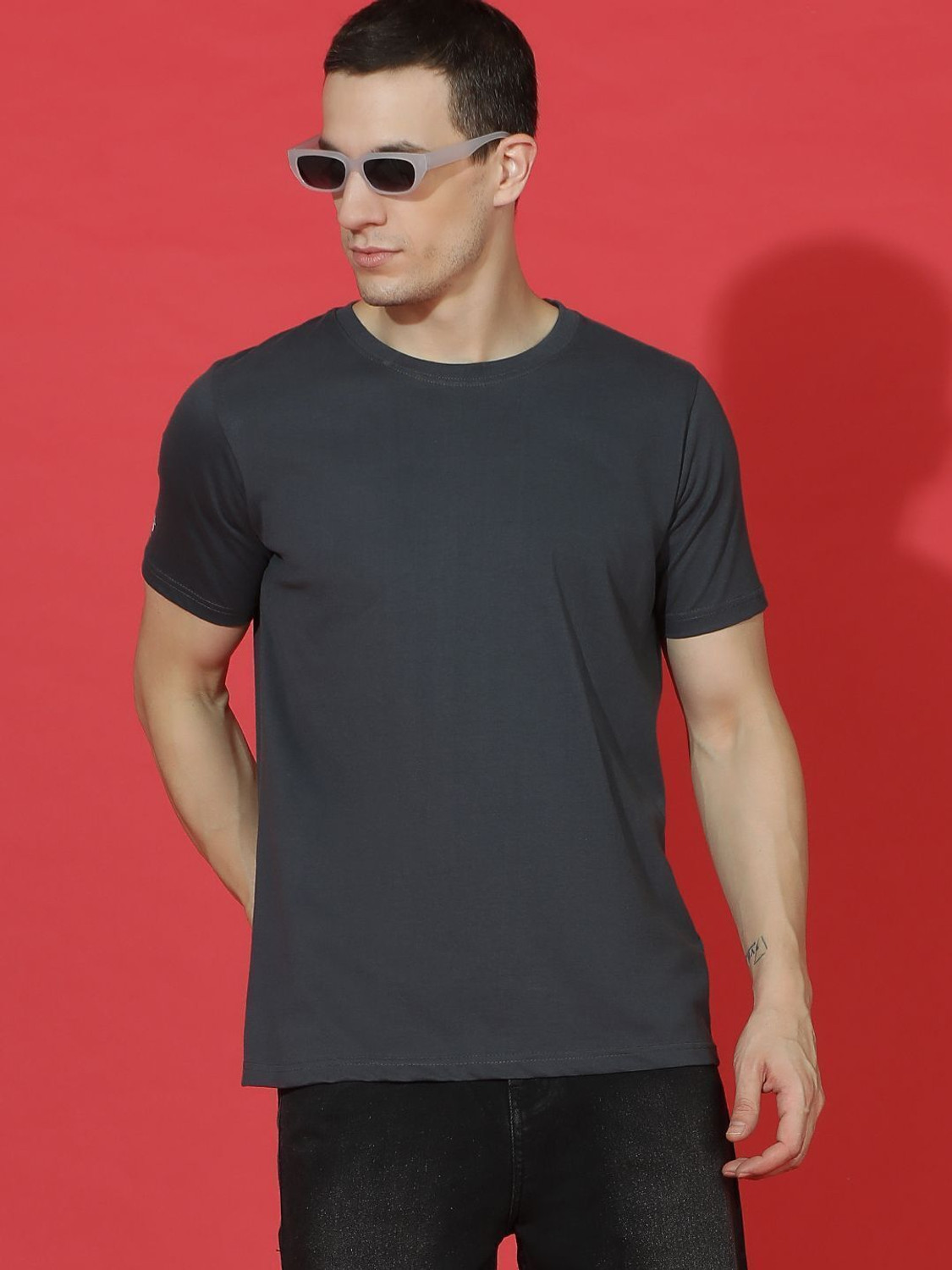 Image of TRIPR Men Solid Mandarin Collar Cotton Blend Beige T-Shirt