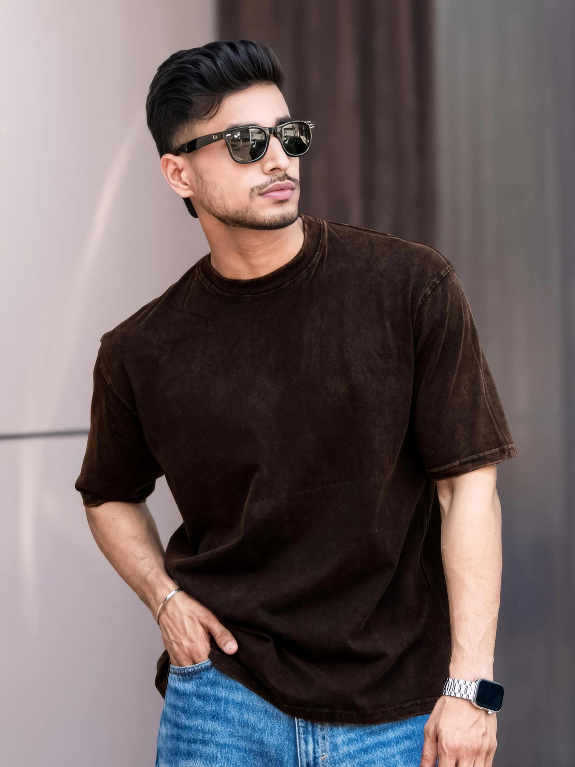Image of Force Men Self Design Round Neck Polyester Beige T-Shirt