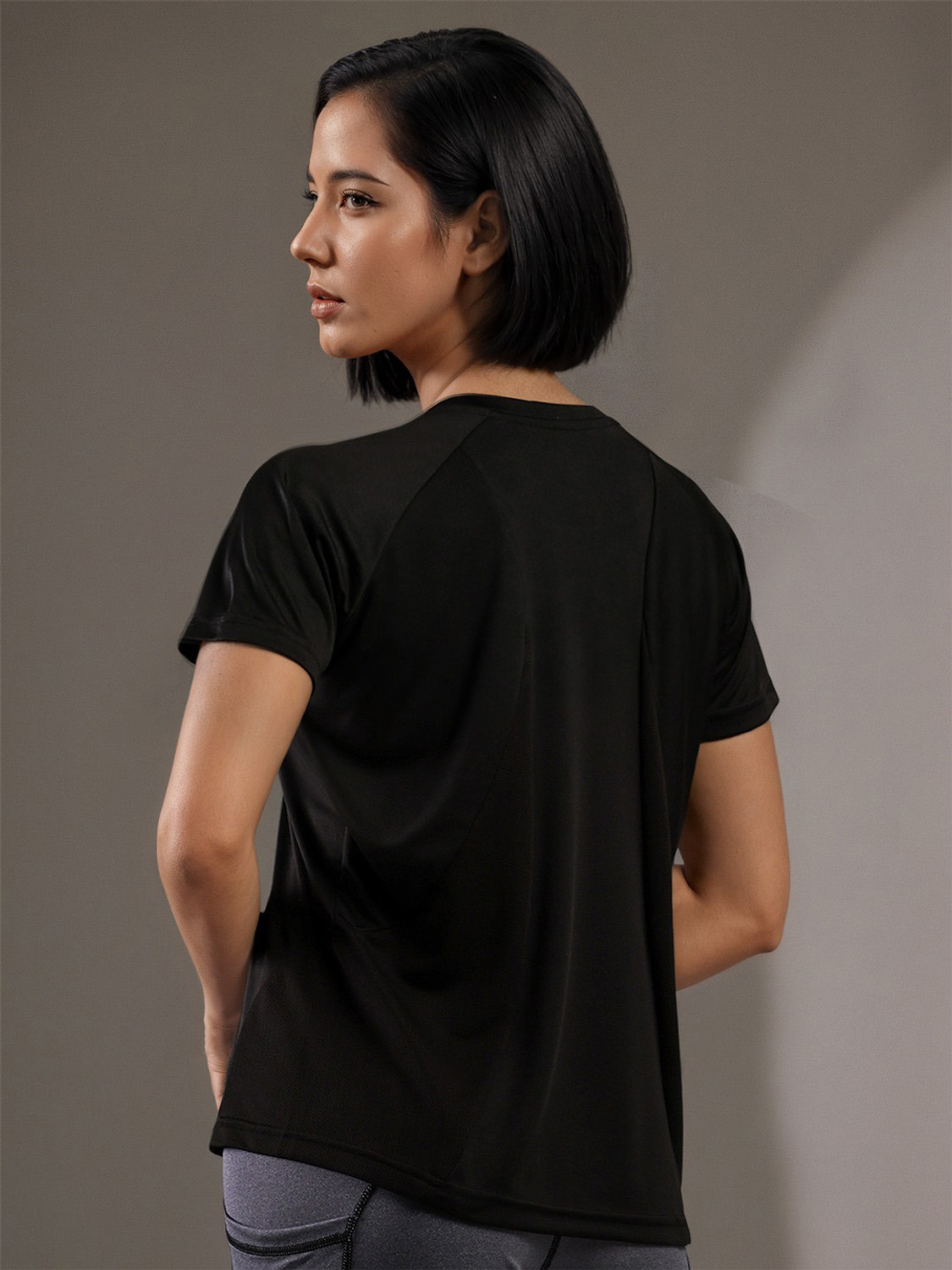 Image of CHKOKKO Women Solid Round Neck Polyester Grey T-Shirt
