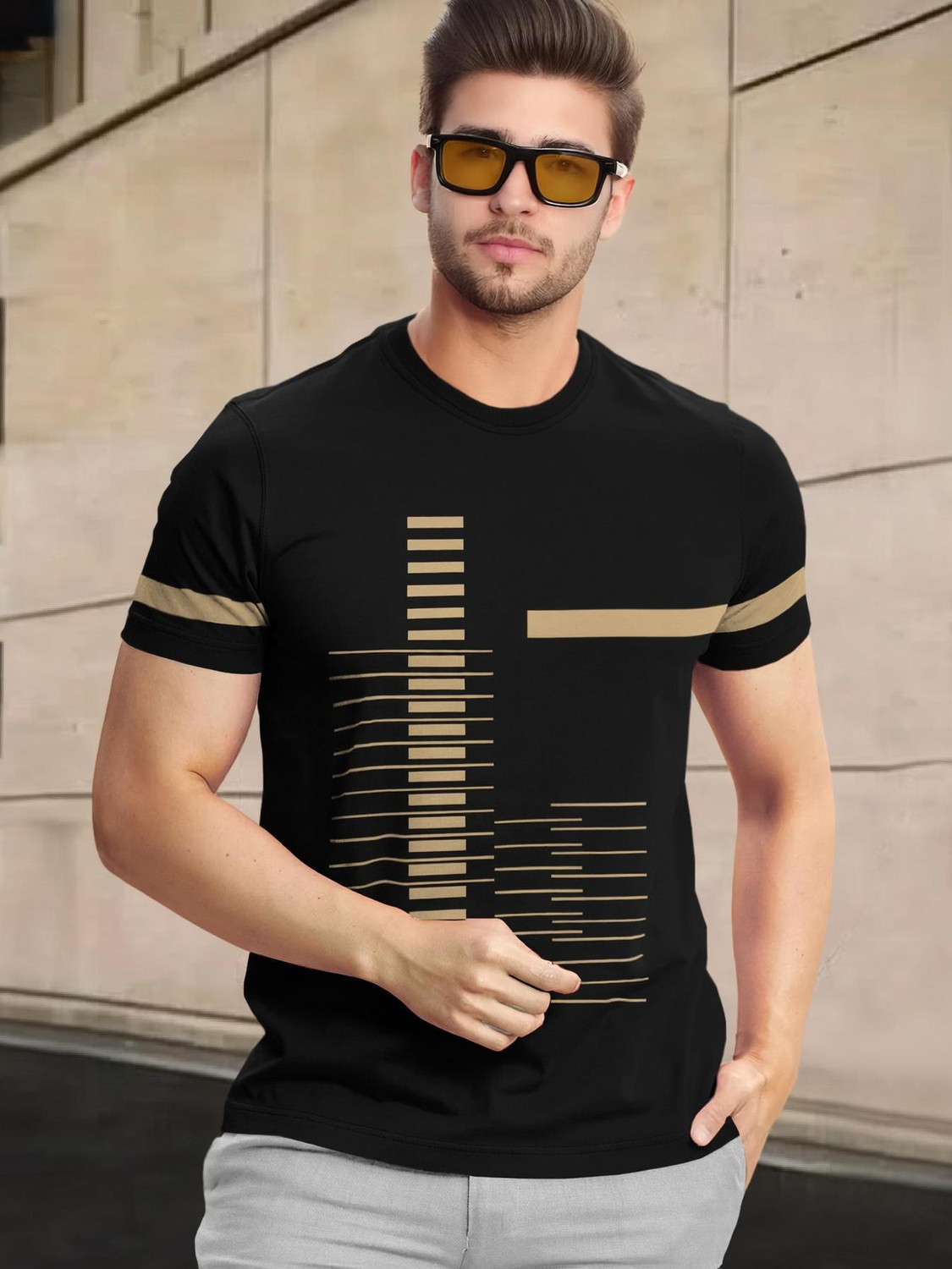 Image of TRIPR Men Solid Mandarin Collar Cotton Blend Dark Green T-Shirt