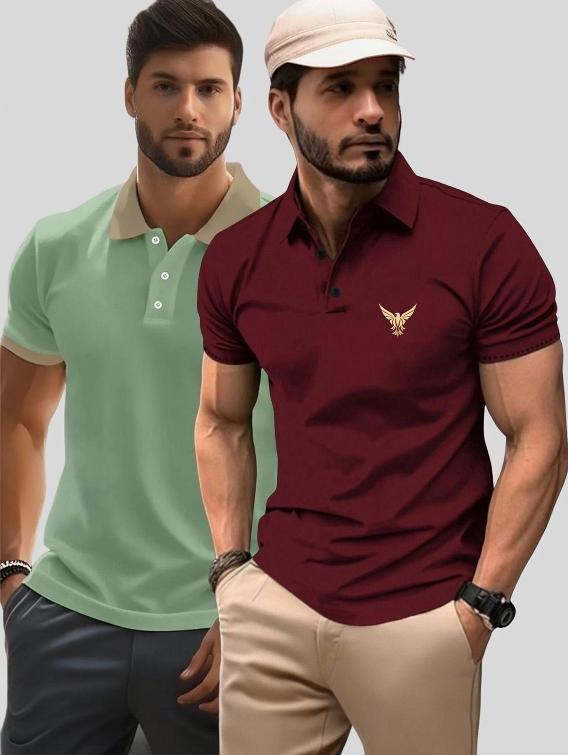 Image of TRIPR Men Solid Mandarin Collar Cotton Blend Beige T-Shirt