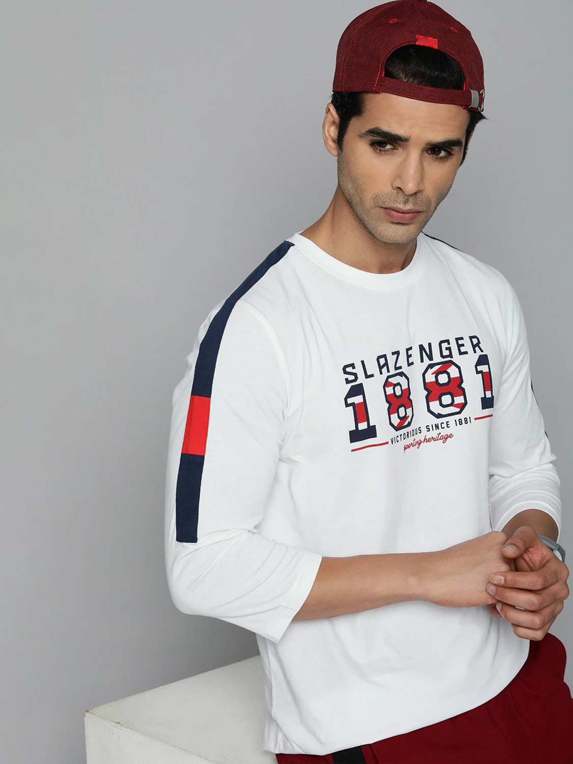 Image of SLAZENGER Sporty Men Round Neck White T-Shirt