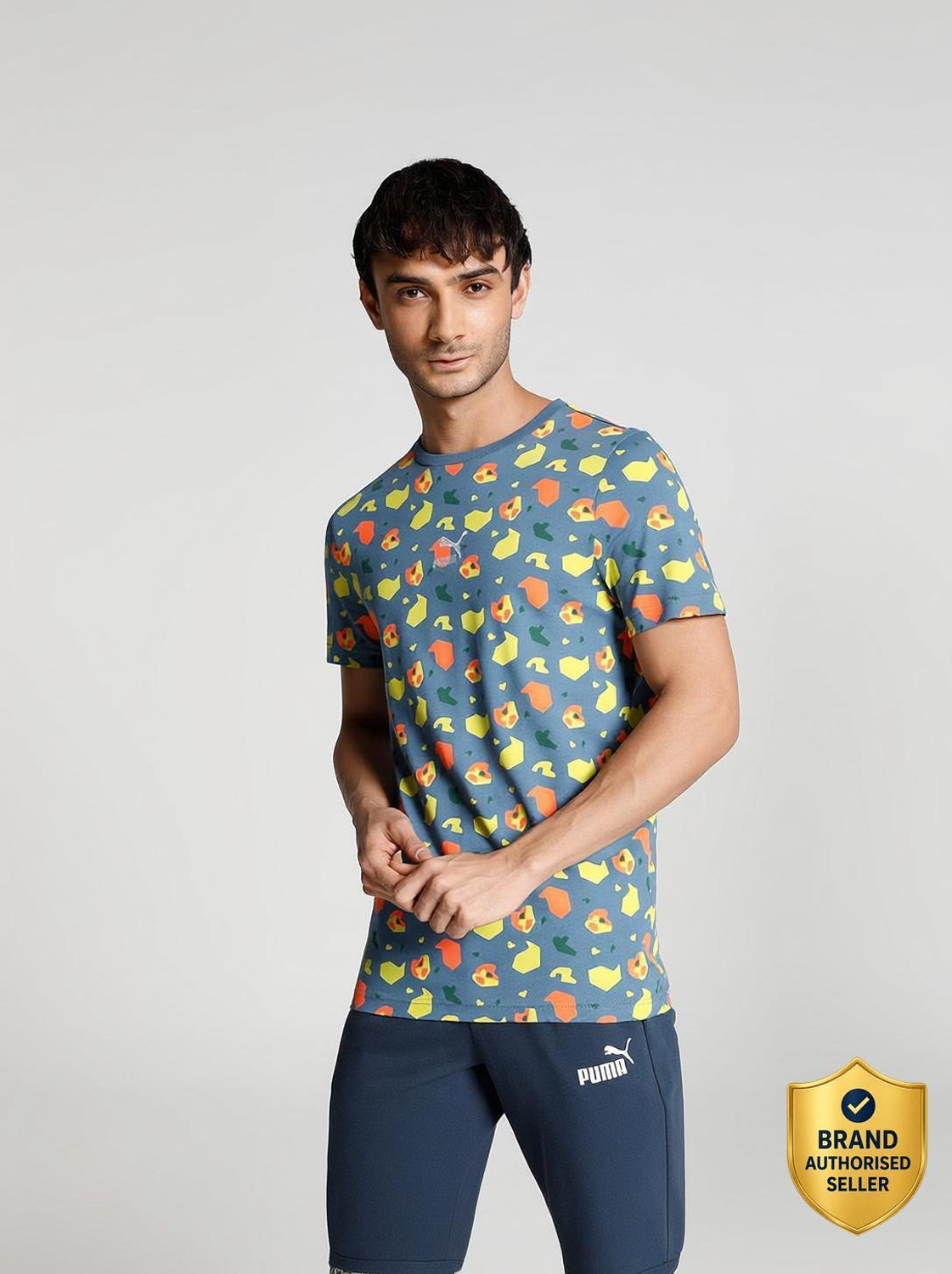 Image of PUMA Men Printed Crew Neck Pure Cotton Black T-Shirt