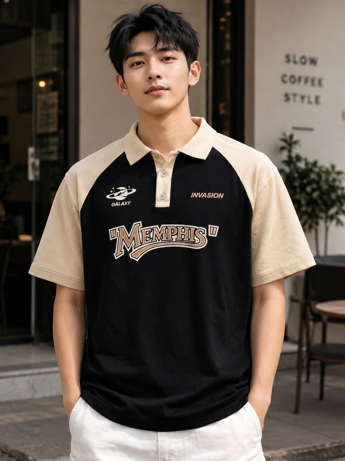 Image of Try This Men Printed Polo Neck Cotton Blend Black T-Shirt