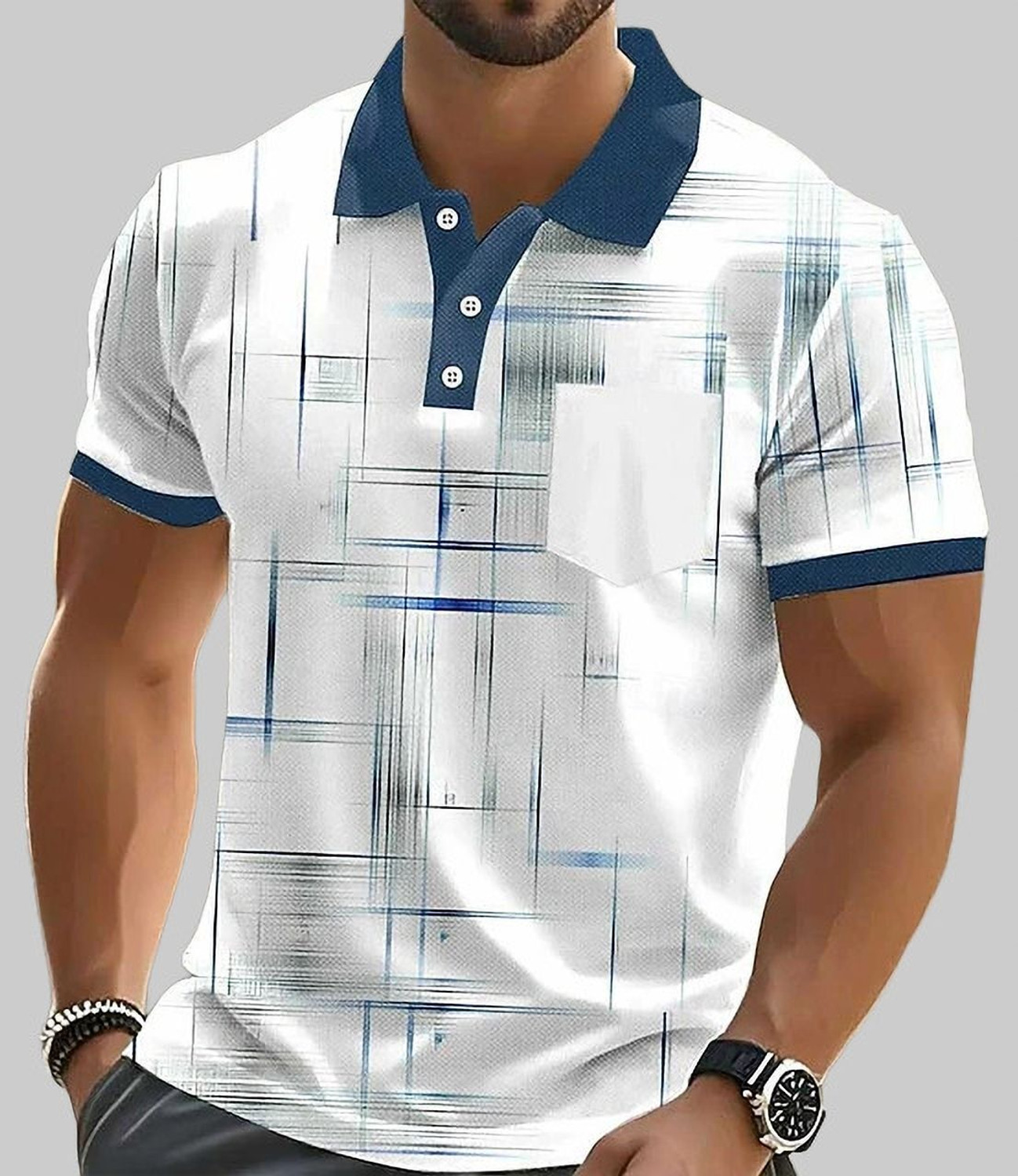 Image of TAZO Men Printed Polo Neck Cotton Blend Blue, White T-Shirt