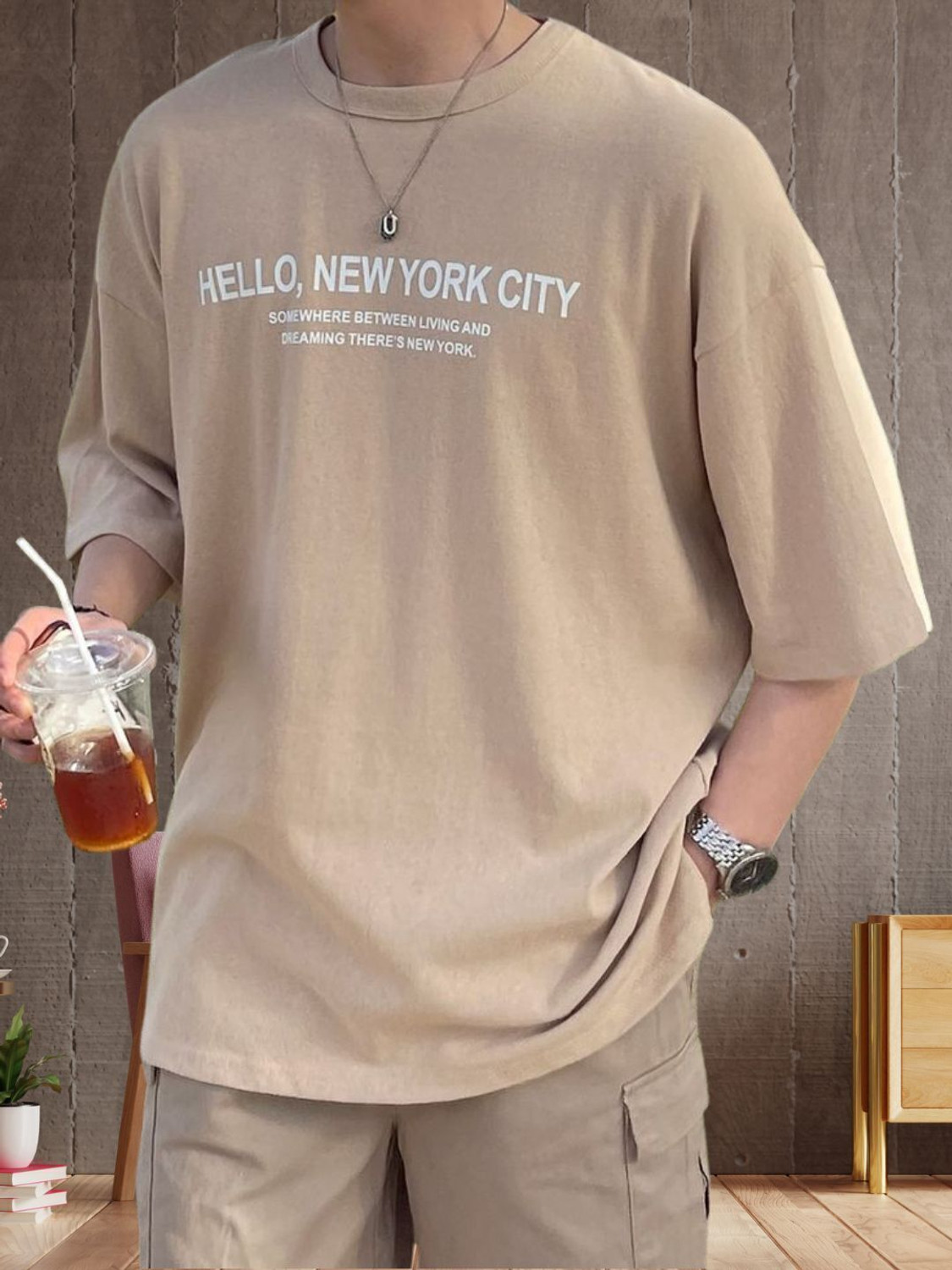 Image of Force Men Self Design Round Neck Polyester Beige T-Shirt