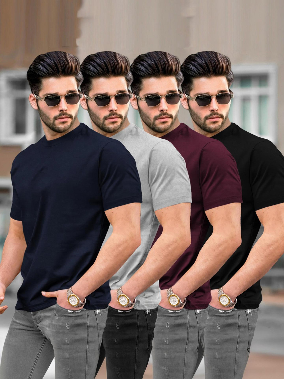 Image of TRIPR Men Solid Mandarin Collar Cotton Blend Beige T-Shirt