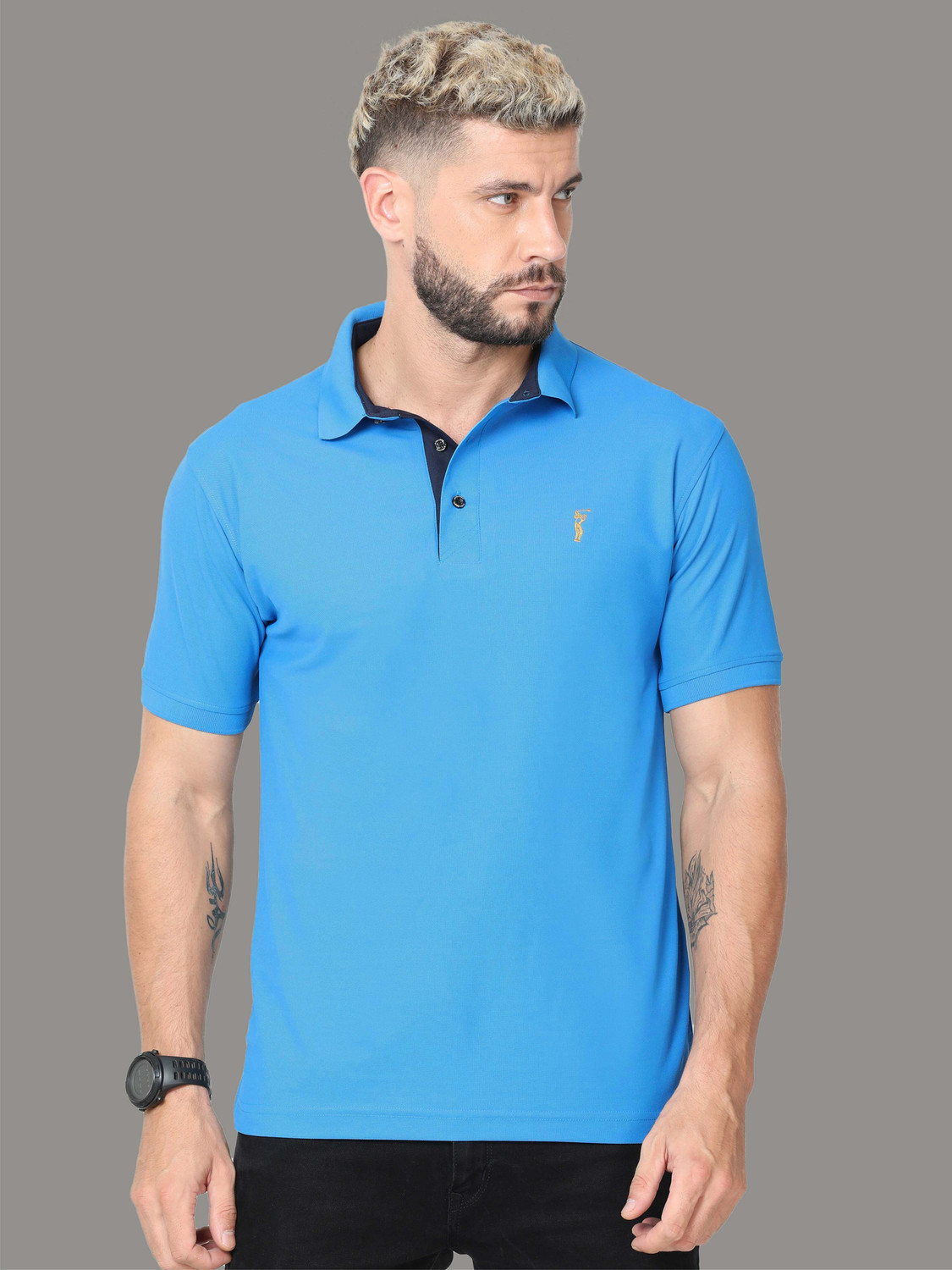 Image of Raymond Men Solid Polo Neck Polycotton Blue T-Shirt