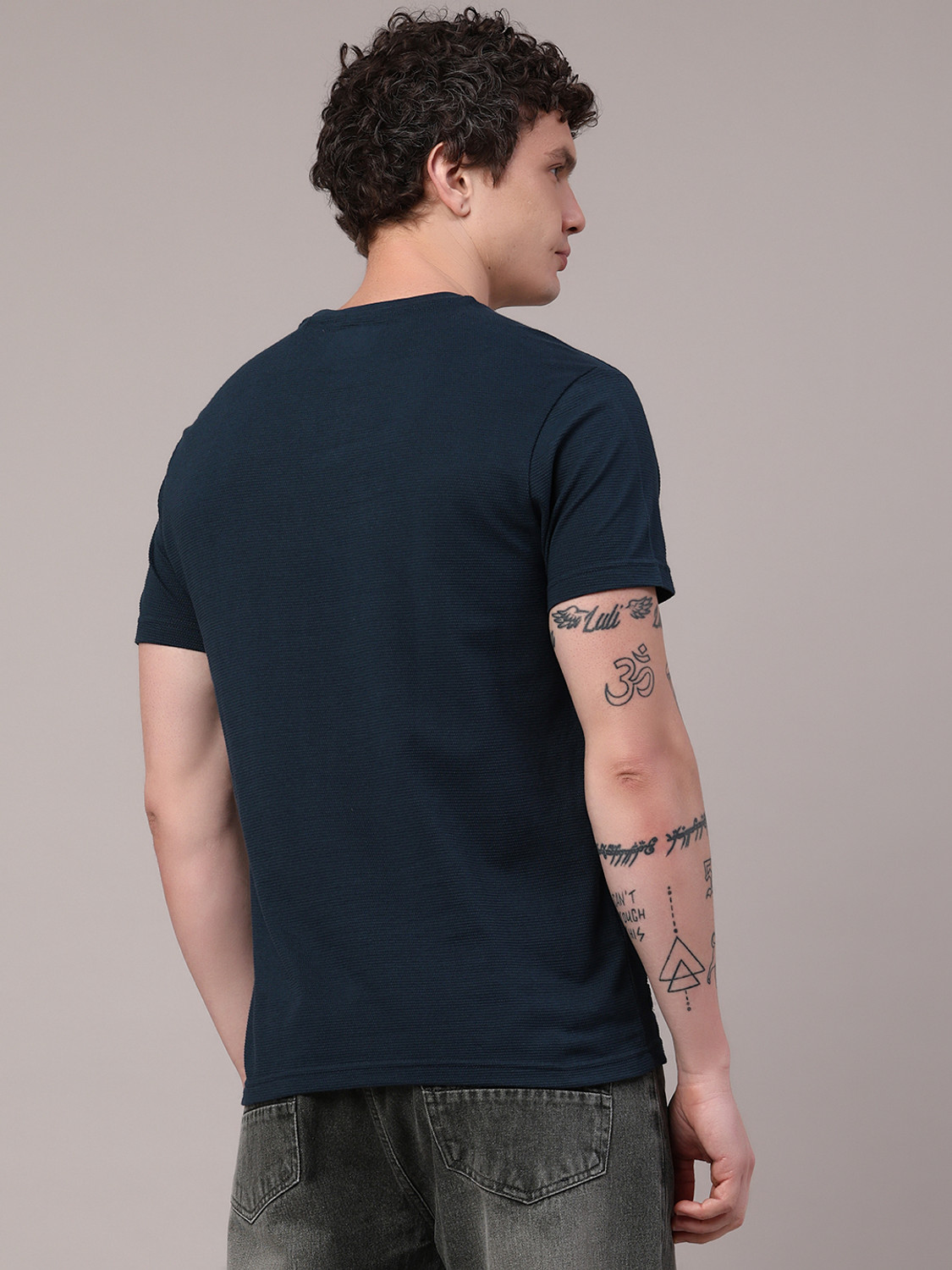 Image of V-MART Men Solid Round Neck Cotton Blend Blue T-Shirt