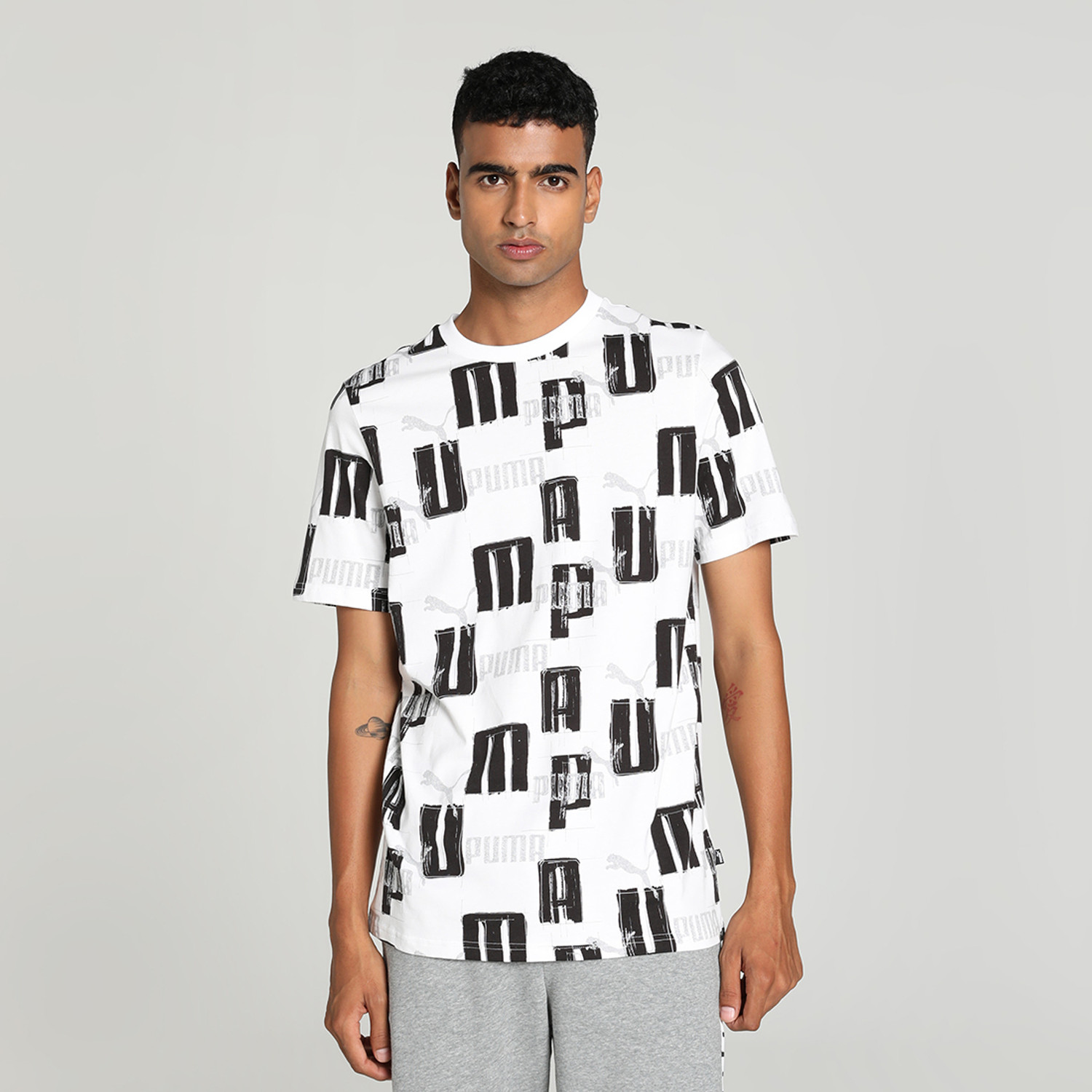 Image of PUMA Men Printed Crew Neck Pure Cotton White T-Shirt
