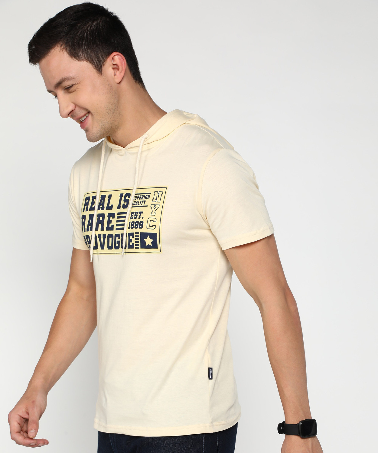 Image of PROVOGUE Printed Men Hooded Neck Beige T-Shirt