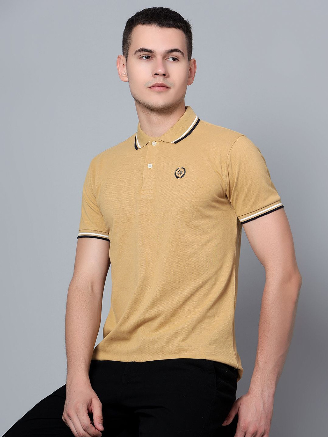 Image of CANTABIL Men Solid Polo Neck Polycotton Yellow T-Shirt