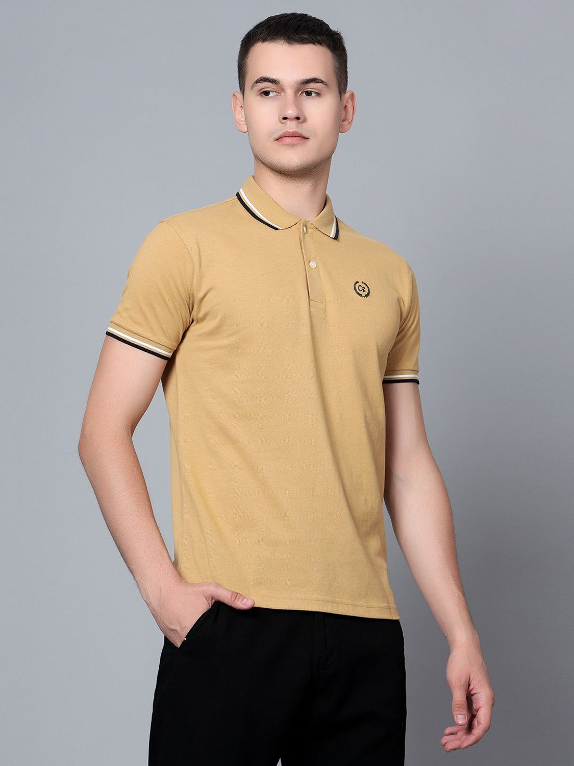 Image of CANTABIL Men Solid Polo Neck Polycotton Yellow T-Shirt
