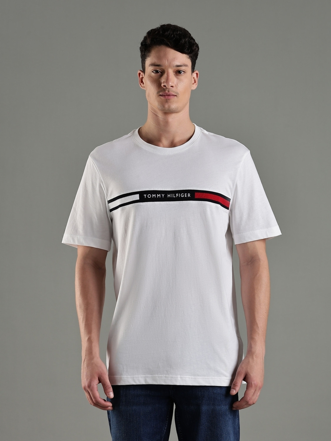 Image of TOMMY HILFIGER Men Printed Crew Neck Pure Cotton White T-Shirt