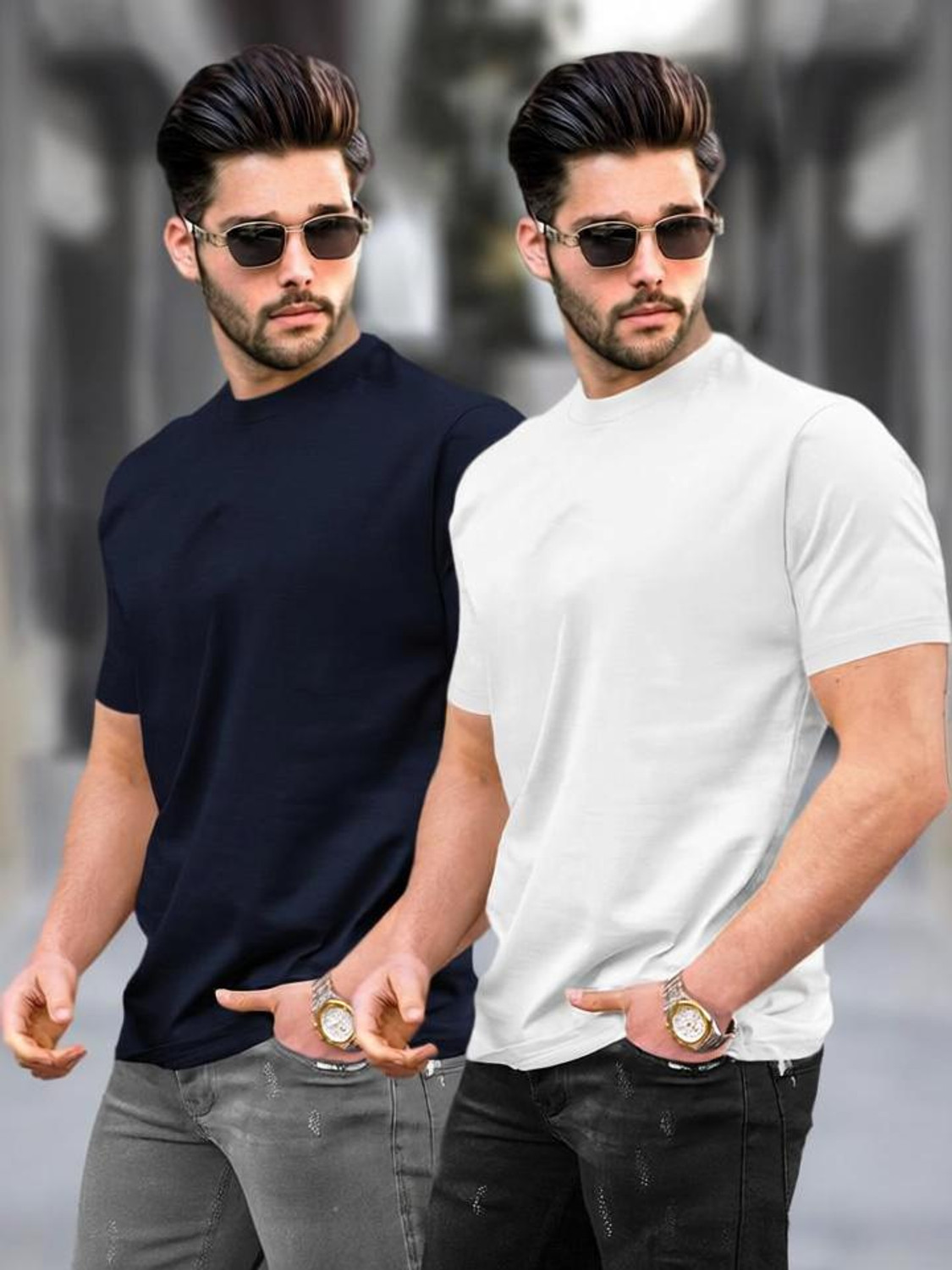 Image of TRIPR Men Solid Mandarin Collar Cotton Blend Navy Blue T-Shirt