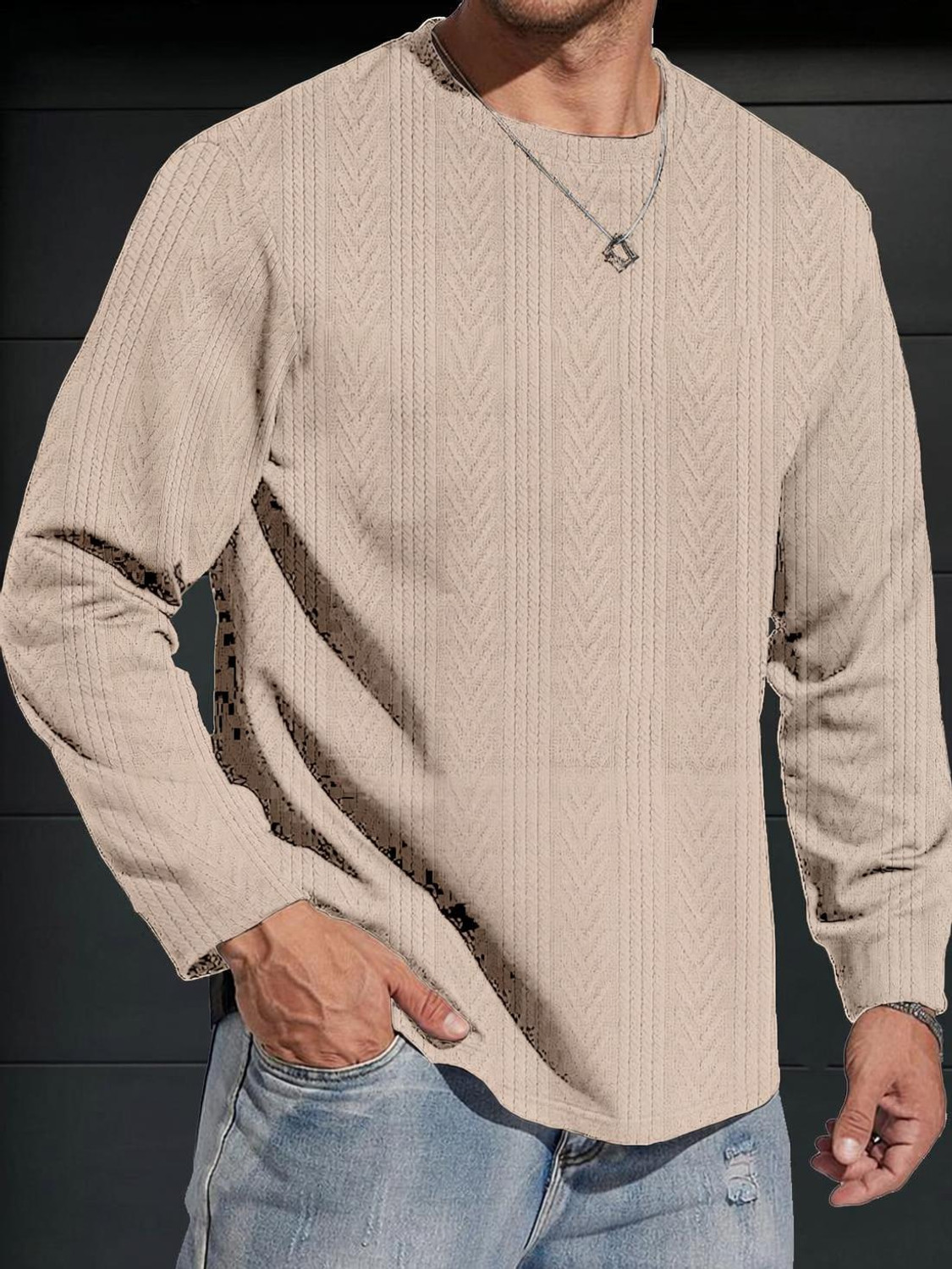 Image of Force Men Self Design Round Neck Polyester Beige T-Shirt