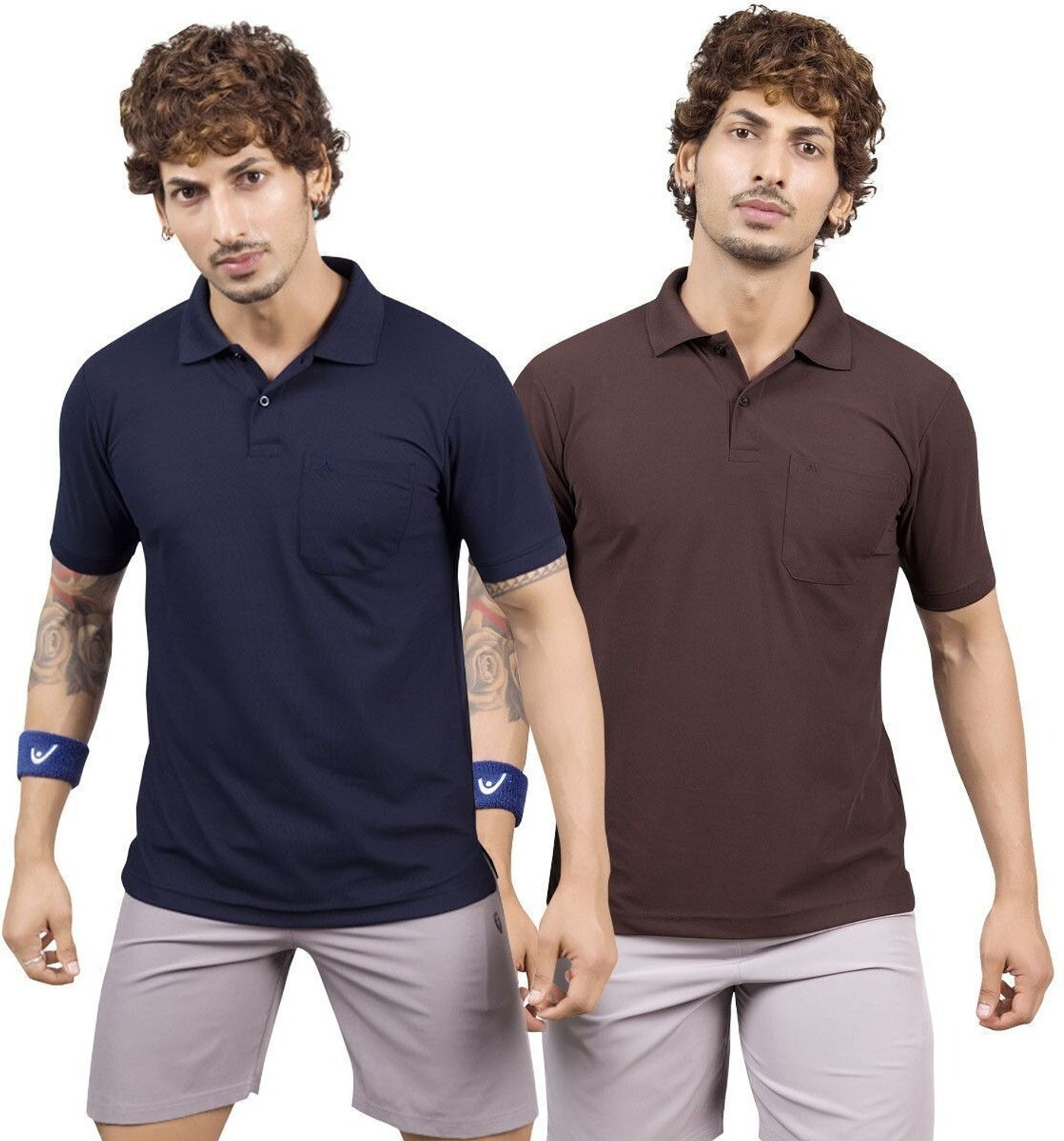 Image of balker merka Pack of 2 Men Solid Polo Neck Cotton Blend Green, Blue T-Shirt