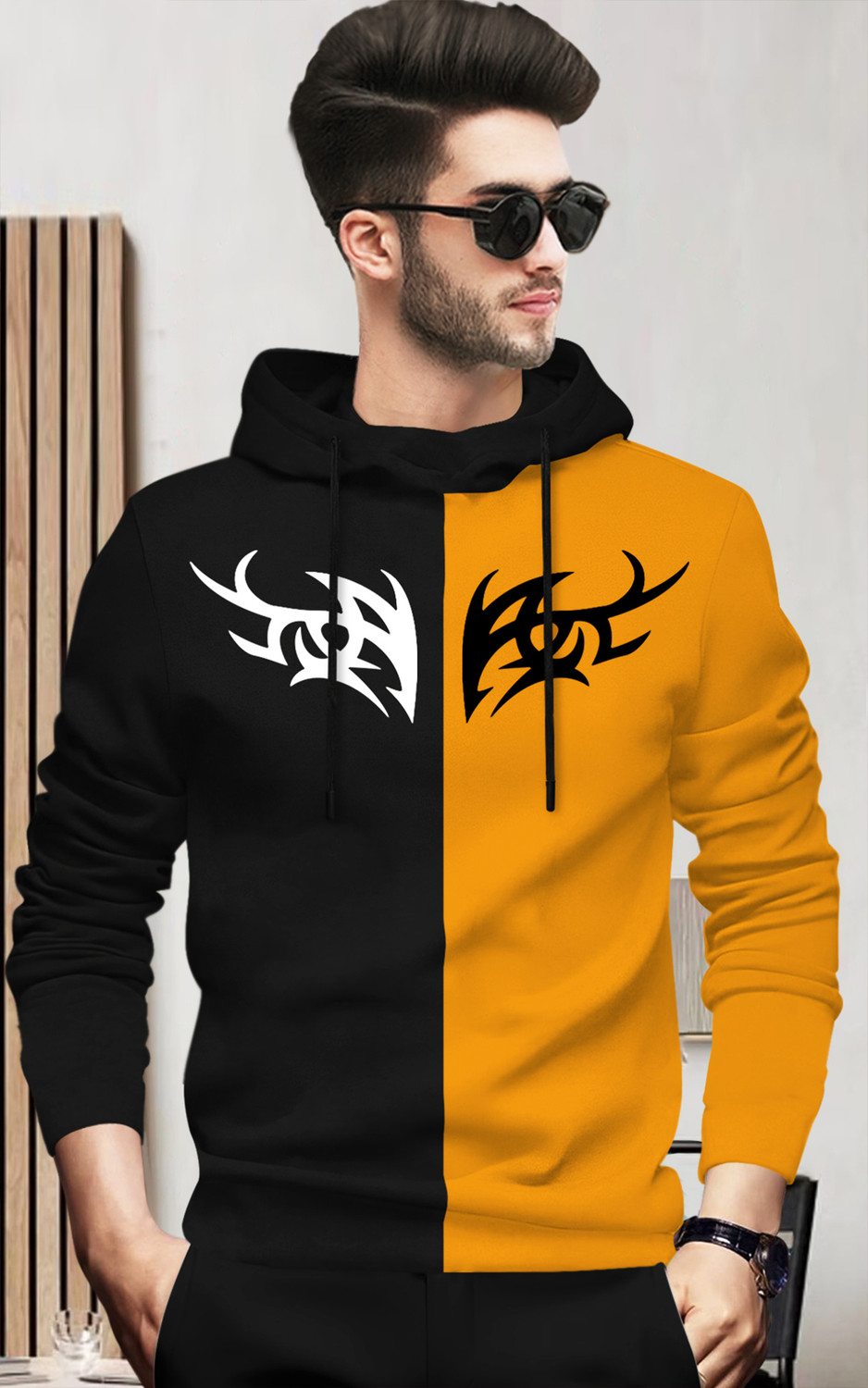 Image of BLIVE Men Printed Hooded Neck Cotton Blend Black, Yellow T-Shirt