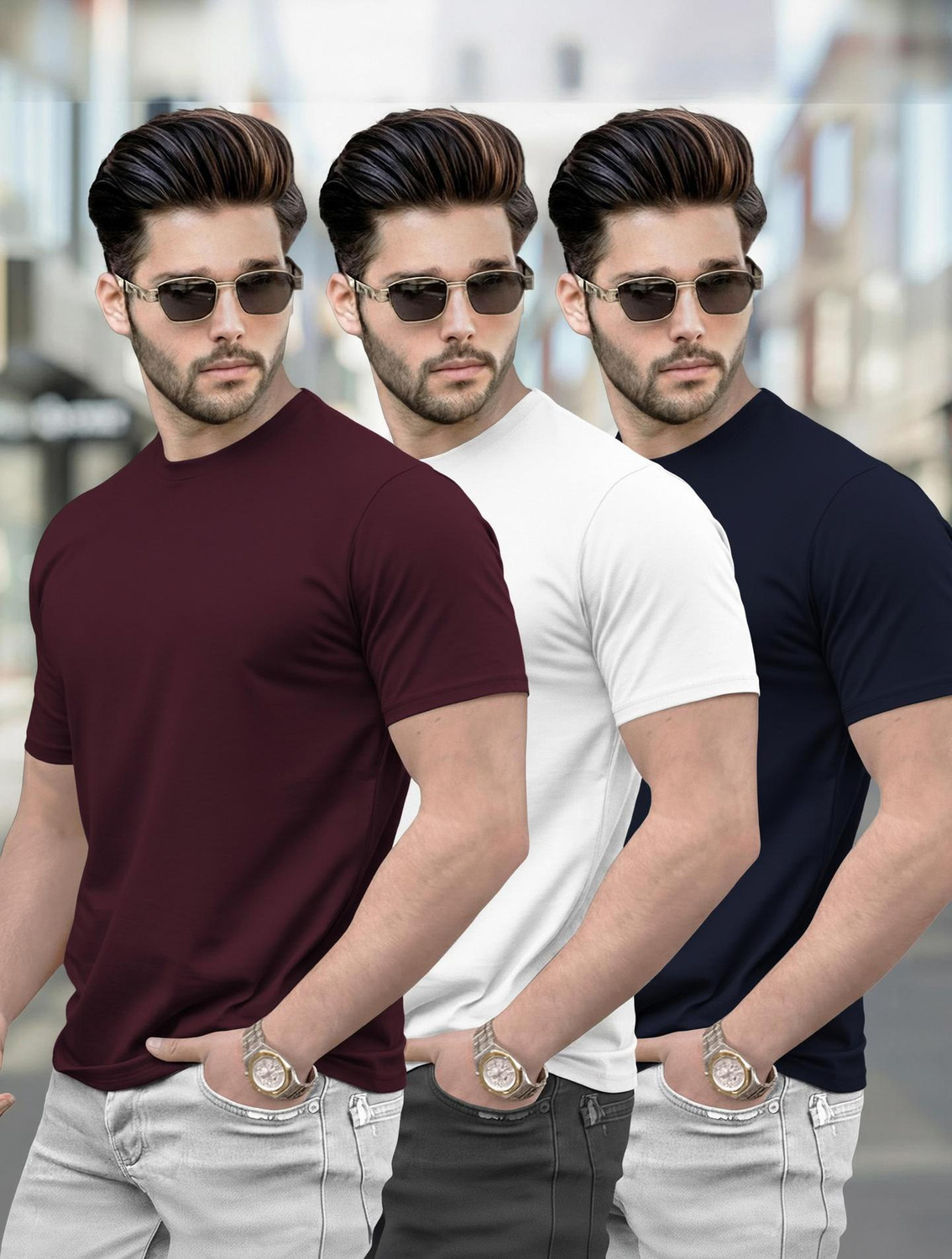 Image of TRIPR Men Solid Mandarin Collar Cotton Blend Navy Blue T-Shirt