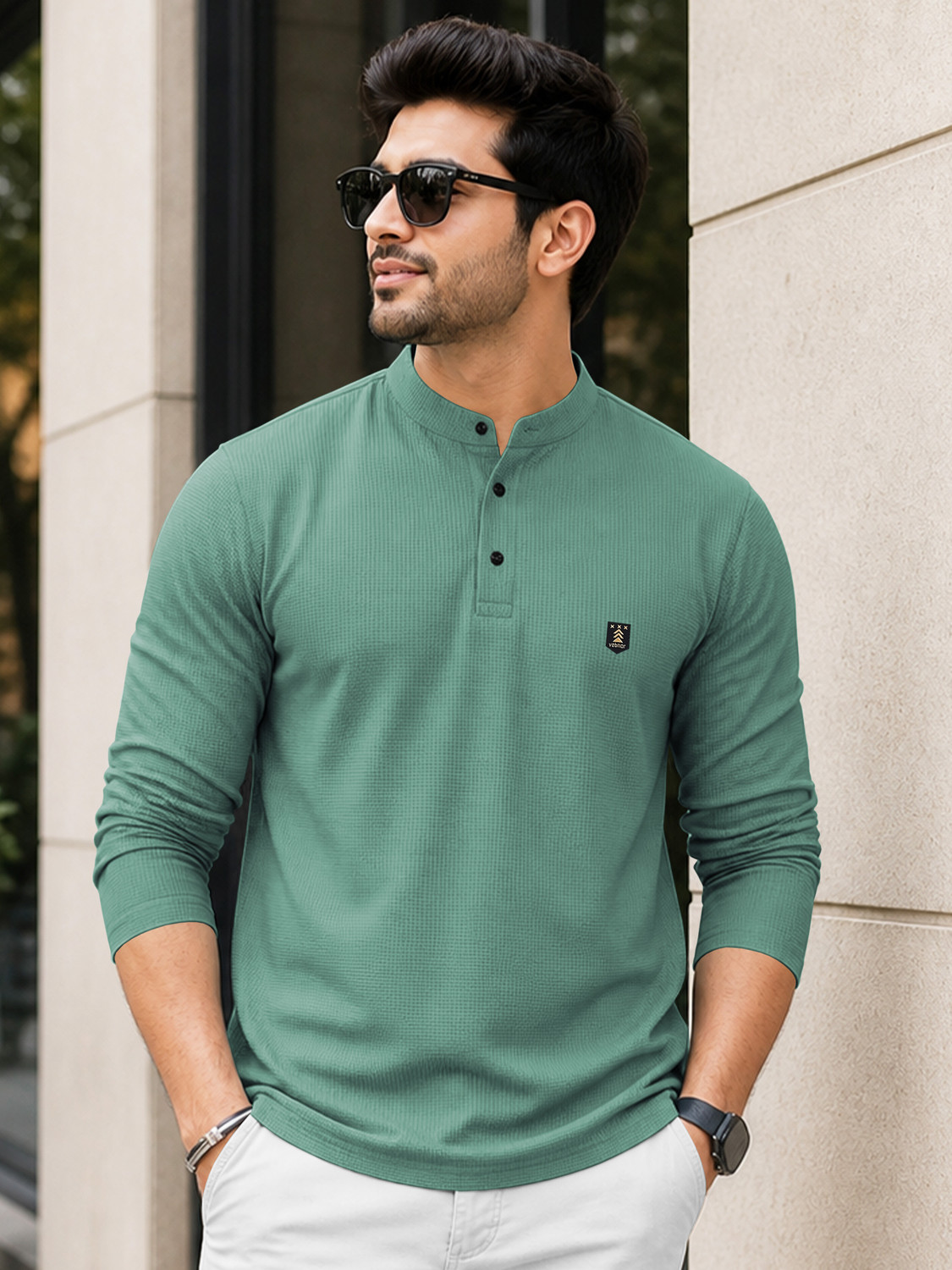 Image of TRIPR Men Solid Mandarin Collar Cotton Blend Dark Green T-Shirt