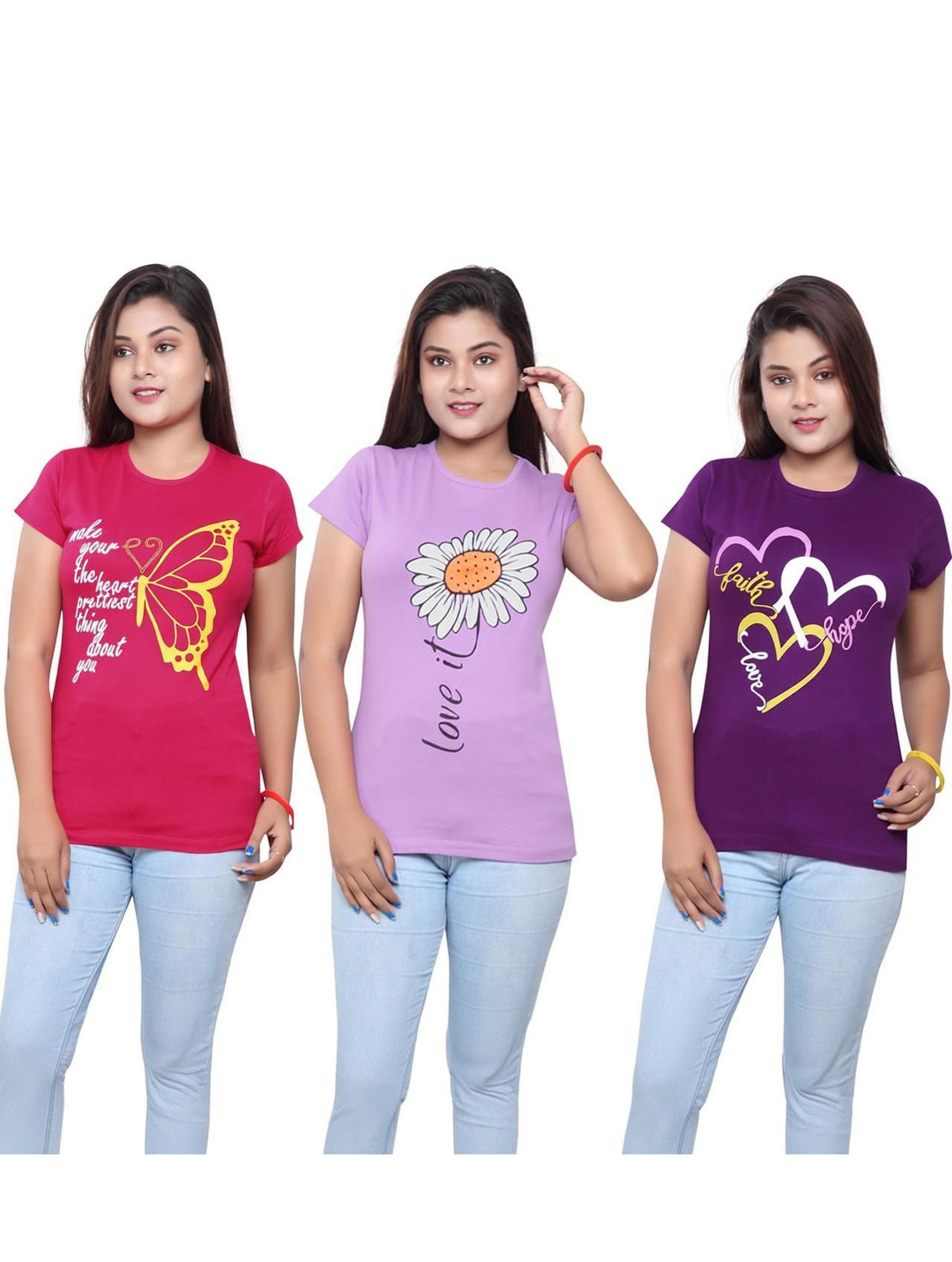 Image of ZentWorld Pack of 3 Women Printed Round Neck Cotton Blend Multicolor T-Shirt