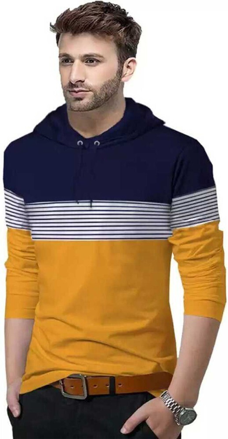 Image of BLIVE Men Printed Hooded Neck Cotton Blend Navy Blue, Yellow T-Shirt