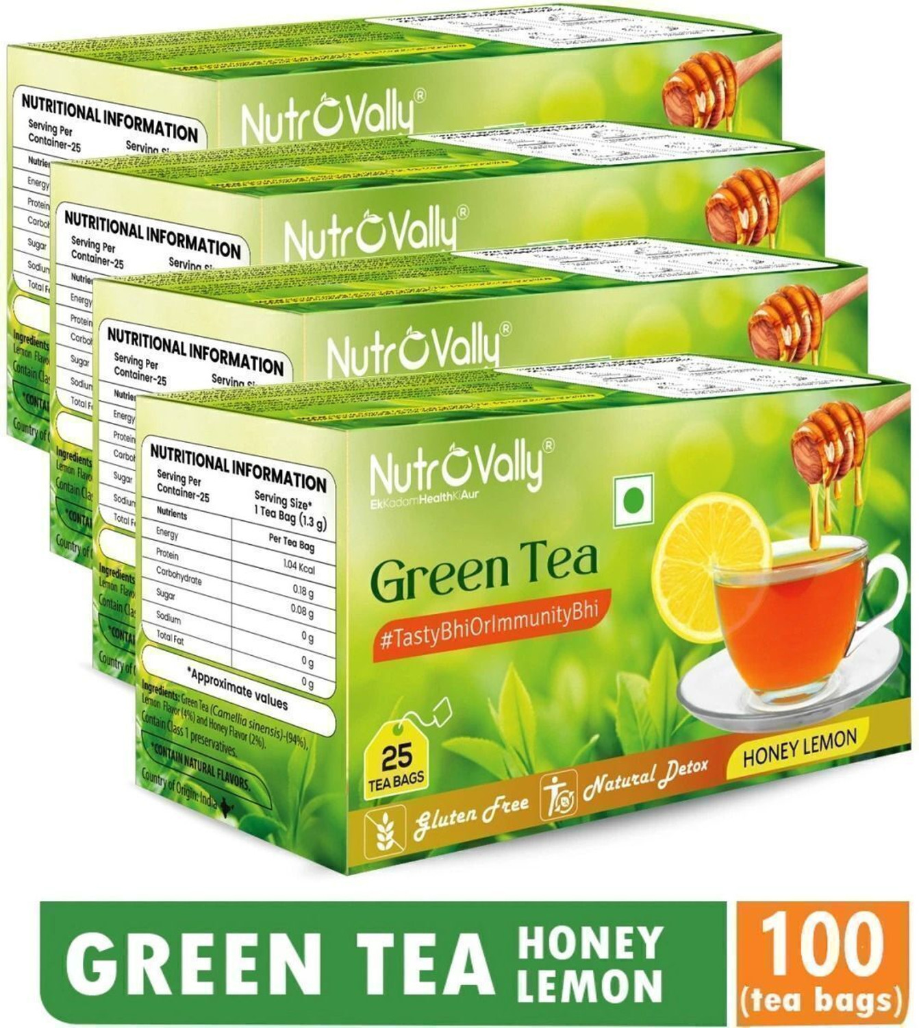 NutroVally Lemon Honey Green Tea for weight loss with Premium green tea leaves Honey, Lemon Green Tea Bags Box
